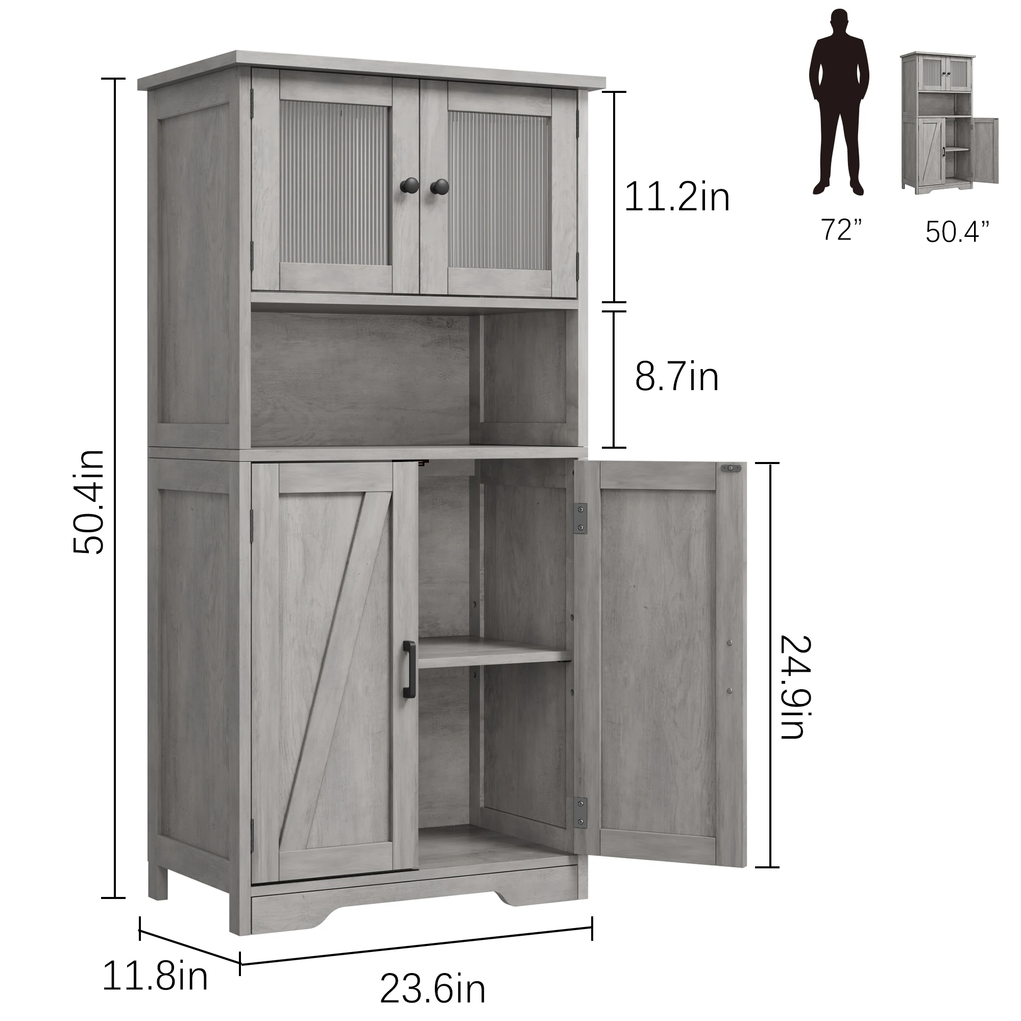 HAUSPROFI Tall Storage Cabinet 128cm with Glass Doors – Adjustable Shelves, Damp-Resistant for Kitchen, Bathroom & Hallway