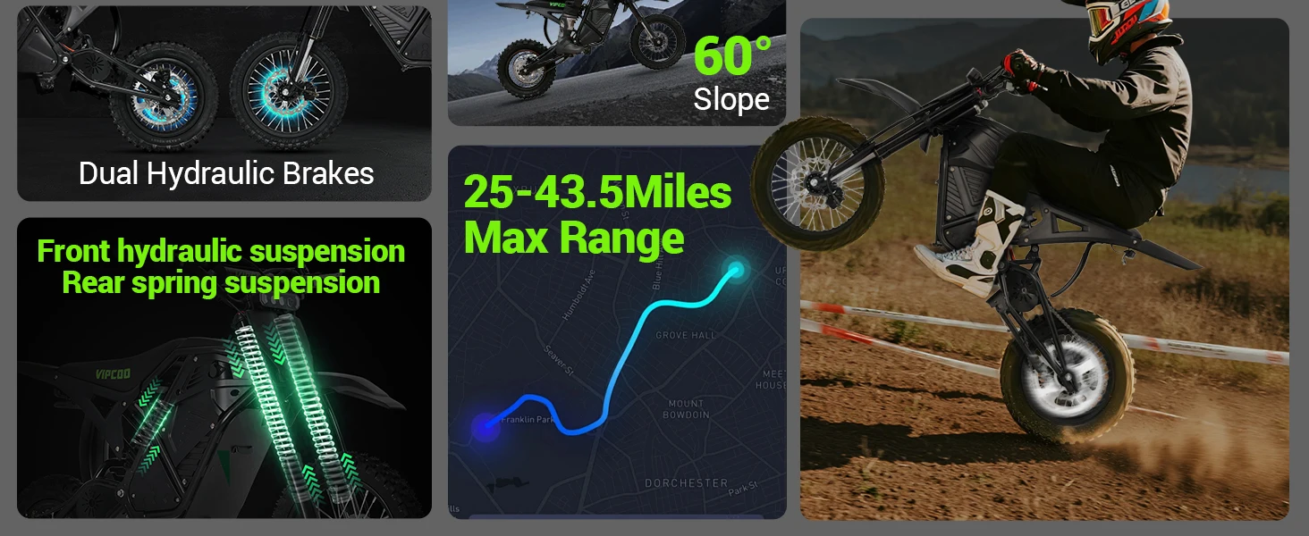 Electric Dirt Bike Vipcoo H3 3500W 48V 23Ah Electric Motorcycle Fat Tire Nitrogen Suspension E Dirt Bike for Teens and Adults