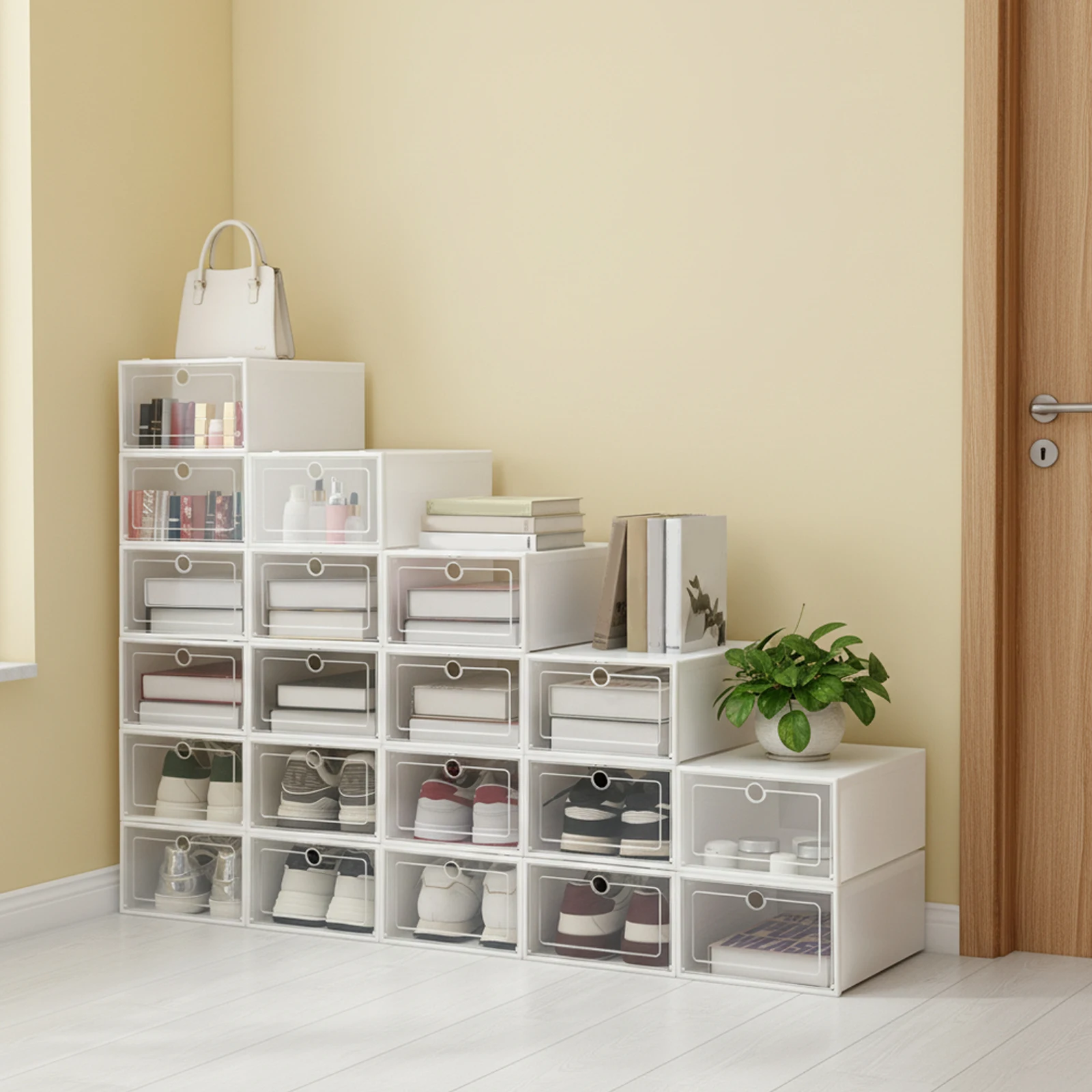 Clear Shoe Box 20/24 Stackable Plastic Shoe Organizer Storage Boxes with Hinged Lid for Sneakers Closet Organization Decor