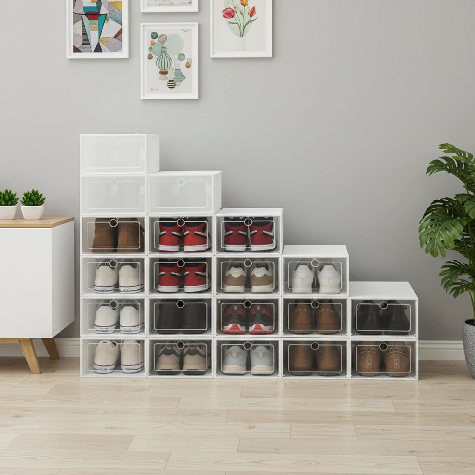 Clear Shoe Box 20/24 Stackable Plastic Shoe Organizer Storage Boxes with Hinged Lid for Sneakers Closet Organization Decor
