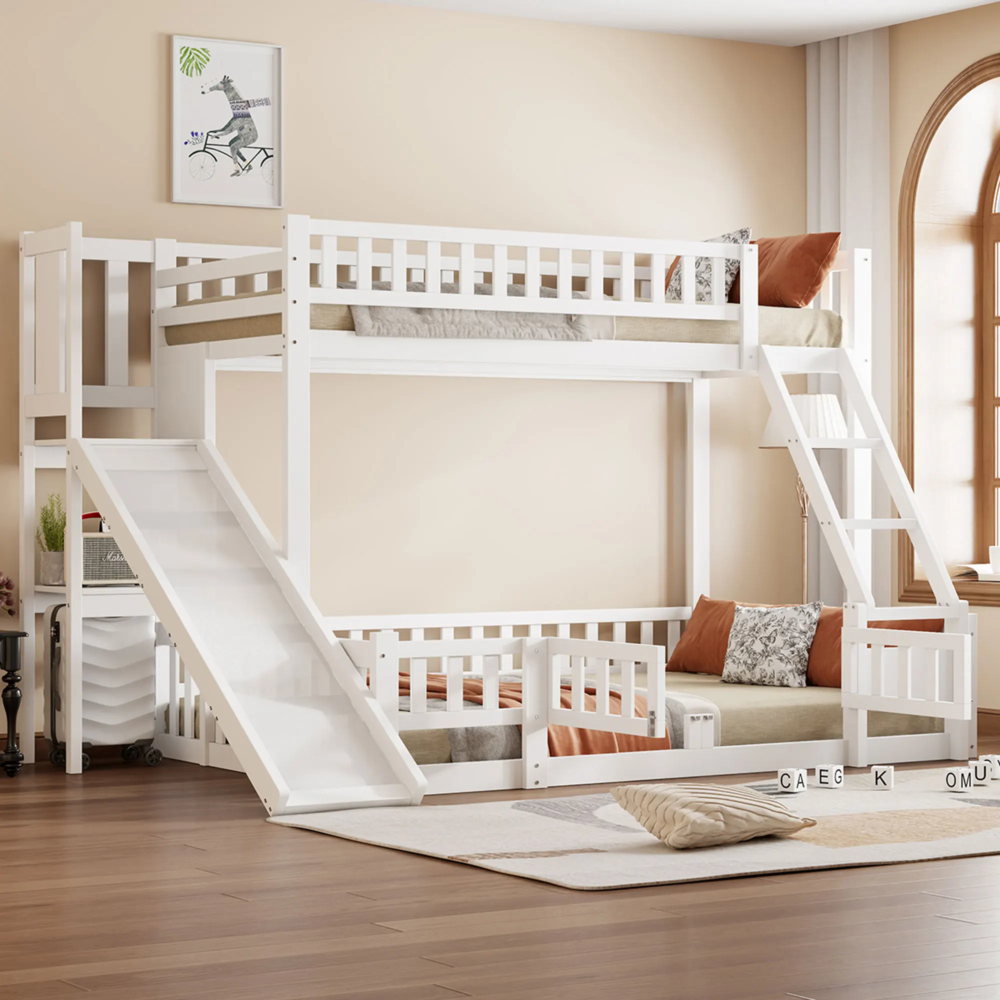 Bunk bed, 90 x 200 cm and 140 x 200 cm, railing, pine wood, slide, steps, EN747, multiple shelves, pull-out small door