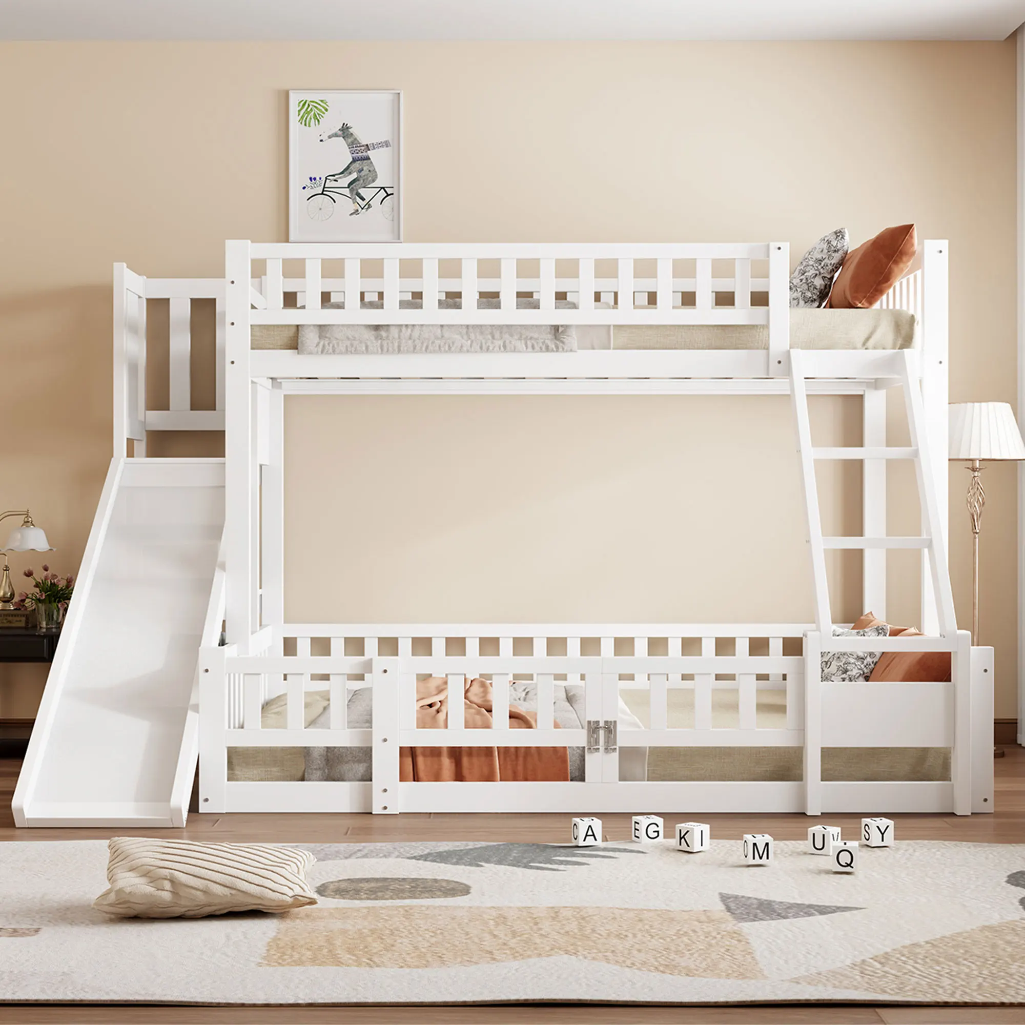 Bunk bed, 90 x 200 cm and 140 x 200 cm, railing, pine wood, slide, steps, EN747, multiple shelves, pull-out small door