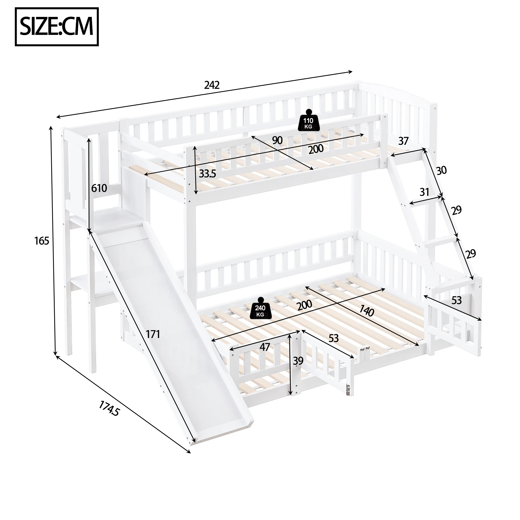 Bunk bed, 90 x 200 cm and 140 x 200 cm, railing, pine wood, slide, steps, EN747, multiple shelves, pull-out small door