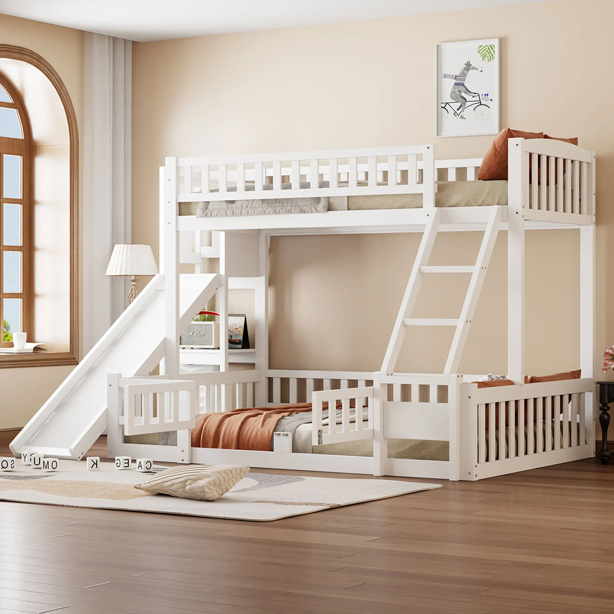 Bunk bed, 90 x 200 cm and 140 x 200 cm, railing, pine wood, slide, steps, EN747, multiple shelves, pull-out small door