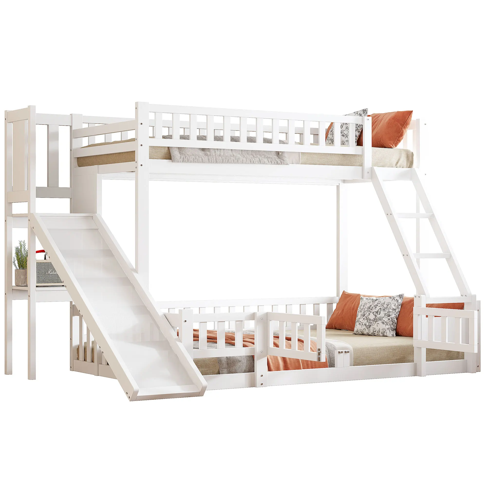 Bunk bed, 90 x 200 cm and 140 x 200 cm, railing, pine wood, slide, steps, EN747, multiple shelves, pull-out small door
