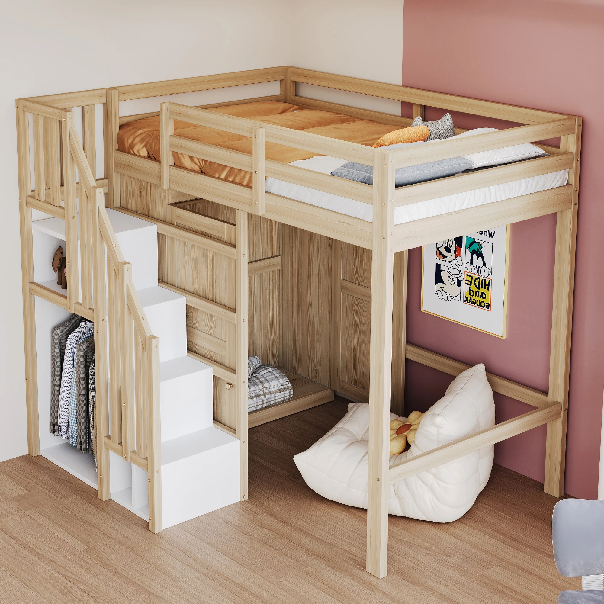 Loft bed 90*200cm, with storage, safety climbing ladder, and storage wardrobe; single bed, youth bed, children's bed