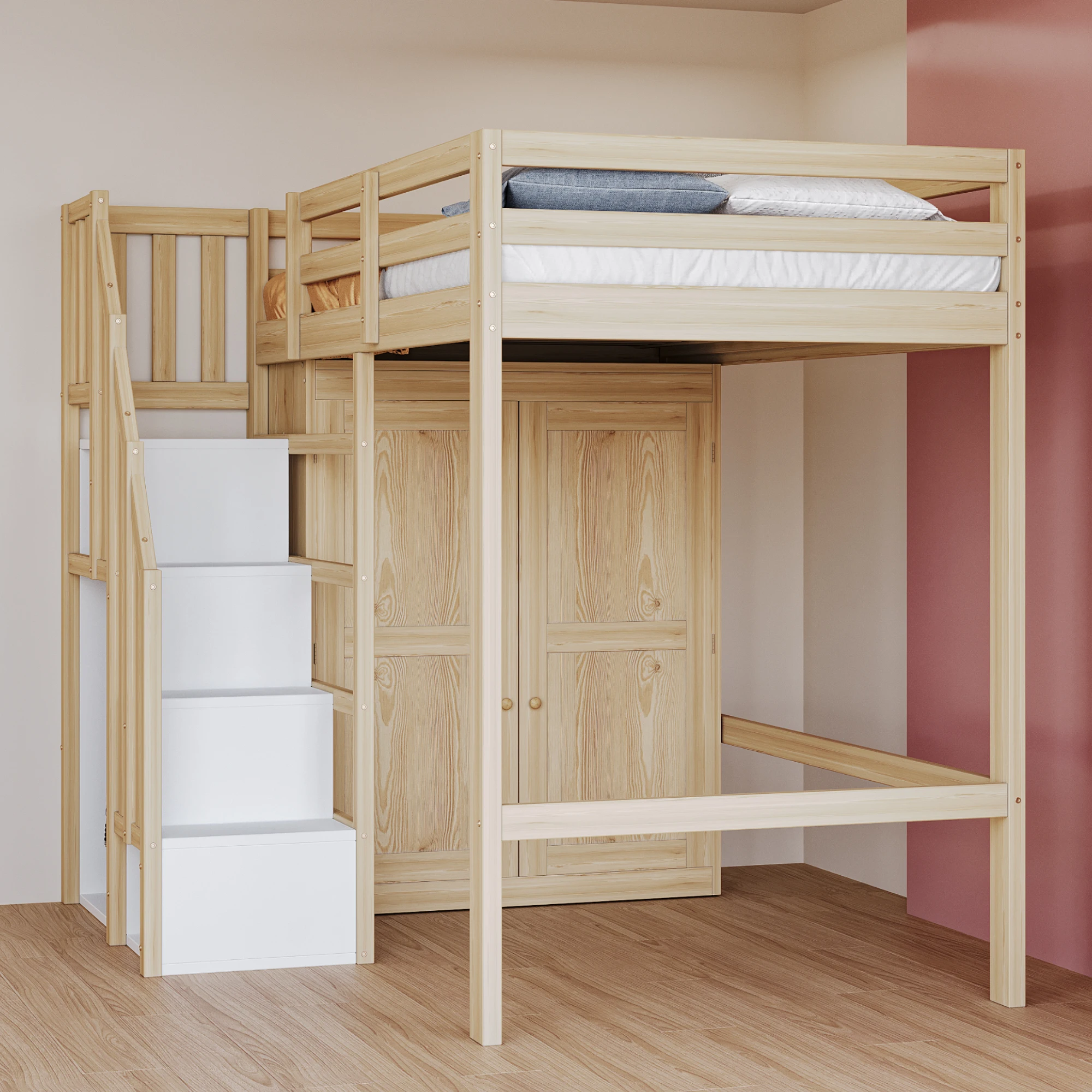 Loft bed 90*200cm, with storage, safety climbing ladder, and storage wardrobe; single bed, youth bed, children's bed