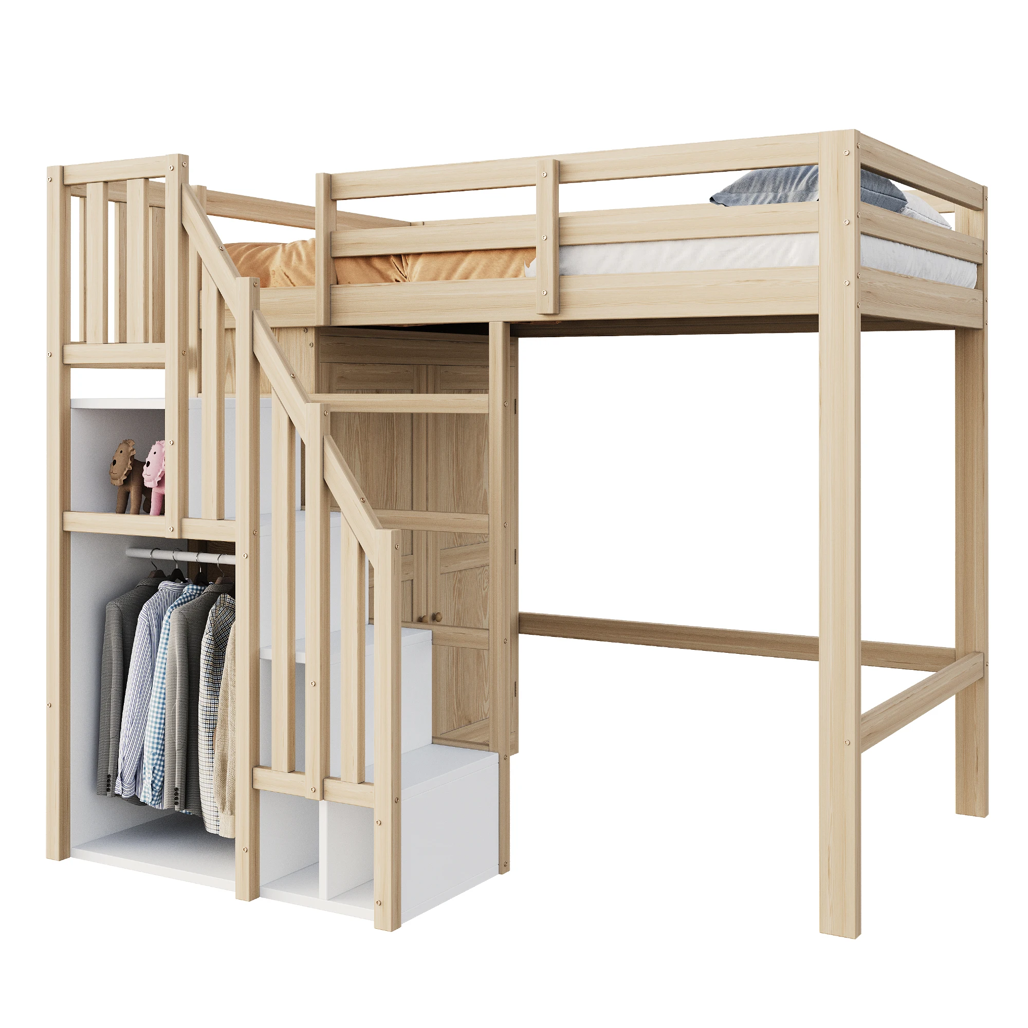 Loft bed 90*200cm, with storage, safety climbing ladder, and storage wardrobe; single bed, youth bed, children's bed