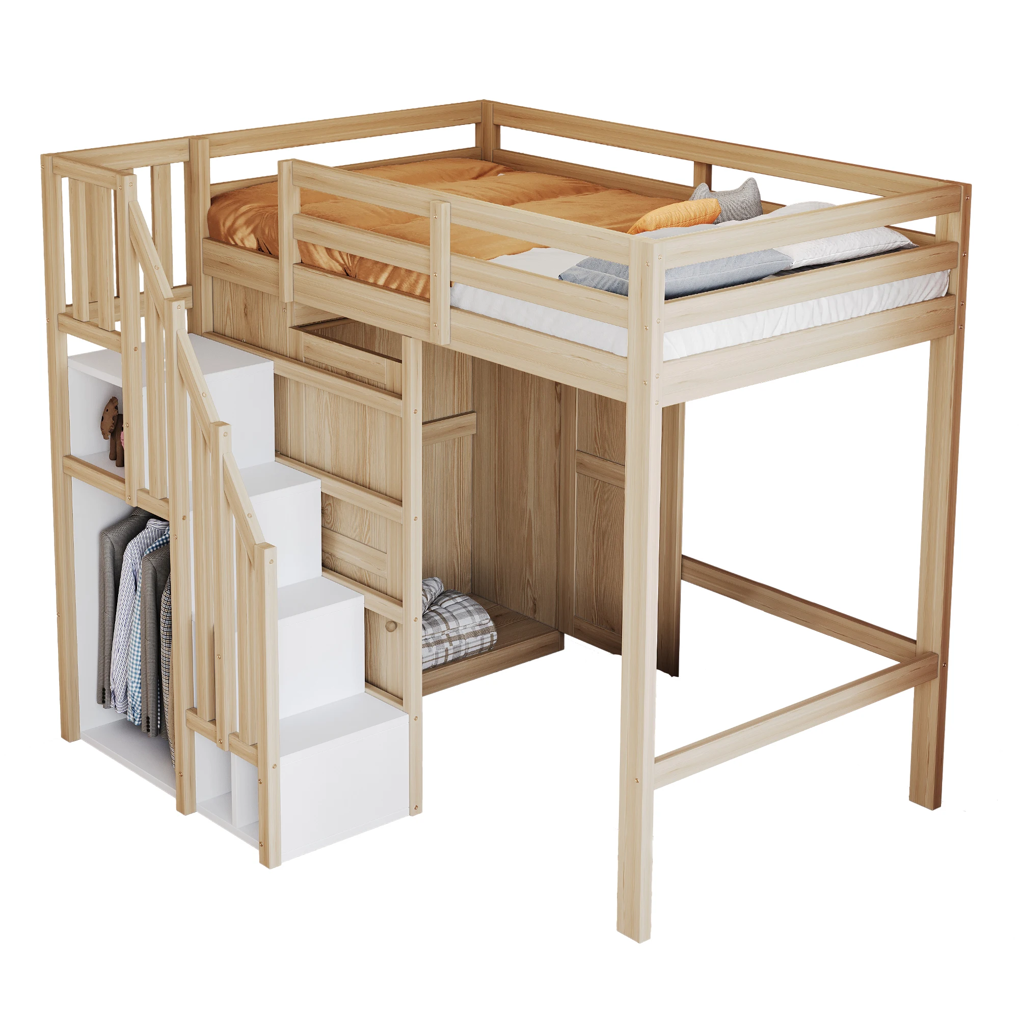 Loft bed 90*200cm, with storage, safety climbing ladder, and storage wardrobe; single bed, youth bed, children's bed