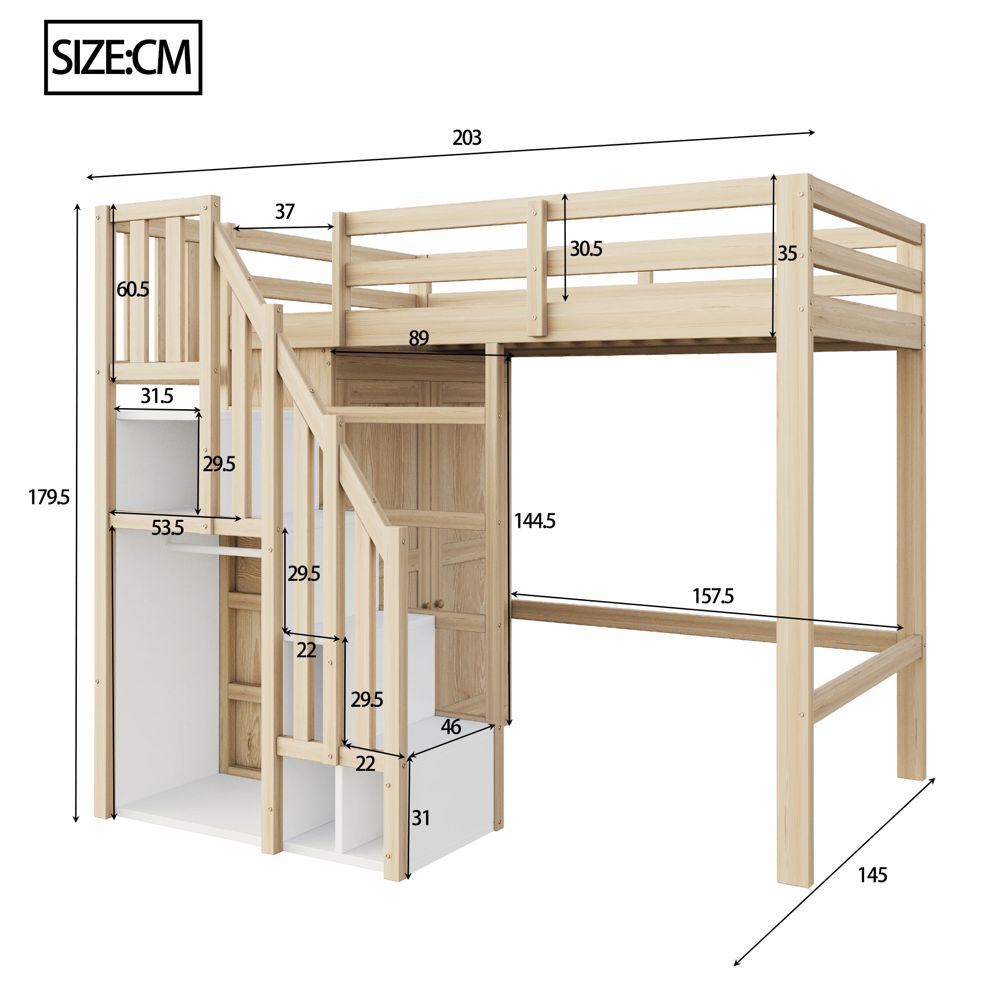 Loft bed 90*200cm, with storage, safety climbing ladder, and storage wardrobe; single bed, youth bed, children's bed