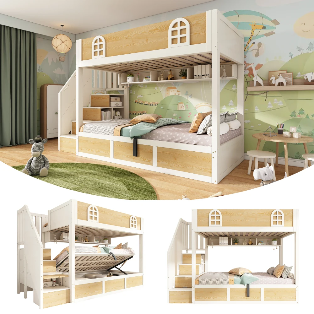 Children Bunk Bed with Staircase Storage 90x200cm Double Bed Safety Lattice No Mattress Included