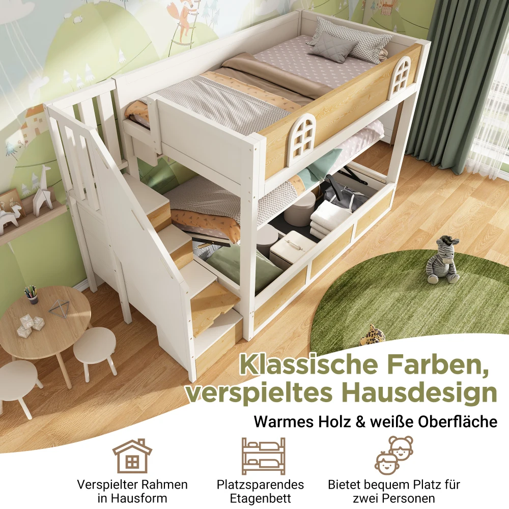 Children Bunk Bed with Staircase Storage 90x200cm Double Bed Safety Lattice No Mattress Included