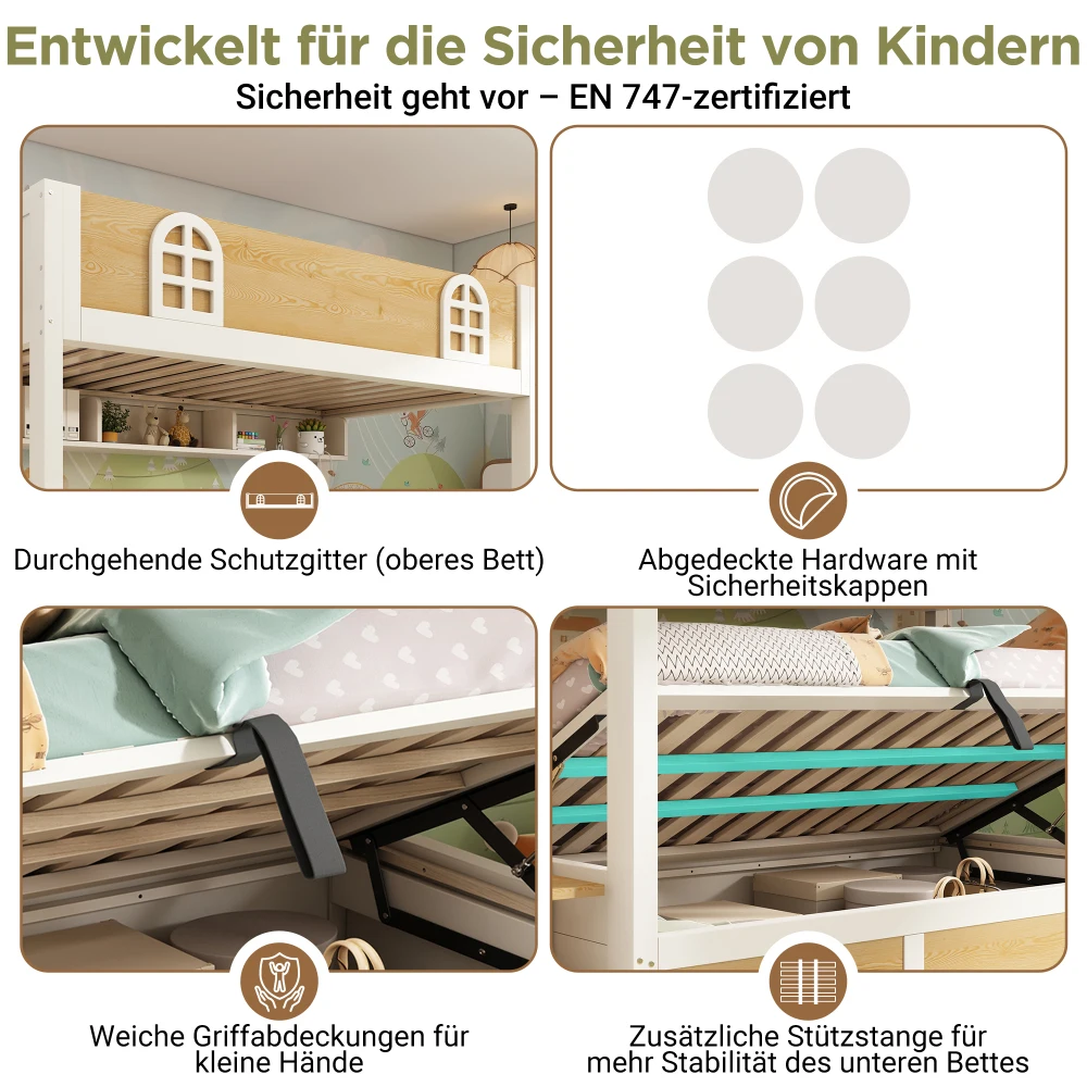 Children Bunk Bed with Staircase Storage 90x200cm Double Bed Safety Lattice No Mattress Included