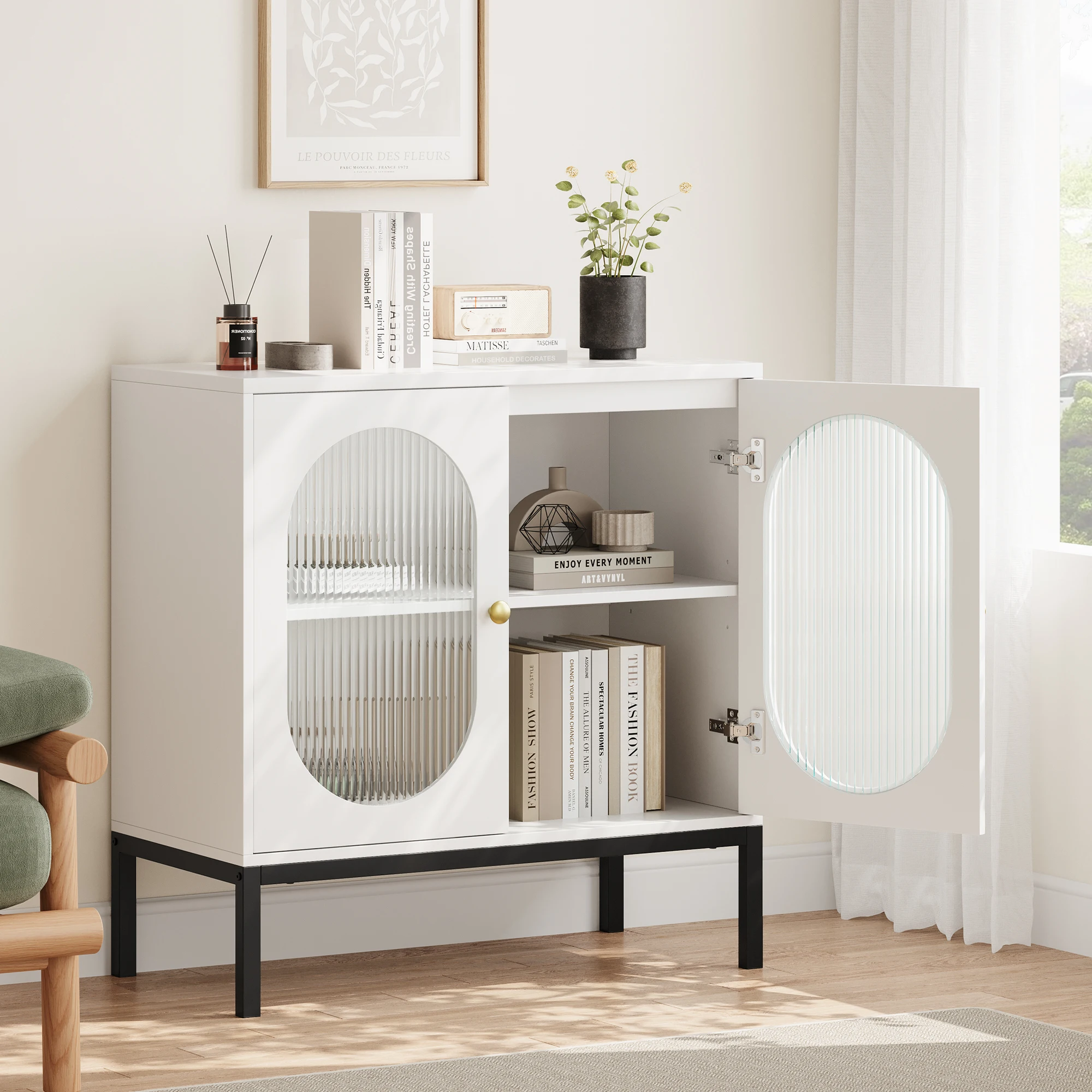 Freestanding Sideboard Cabinet with 2-Door Fluted Glass Doors Storage Cabinet with Adjustable Shelf for Living Room Dining Room