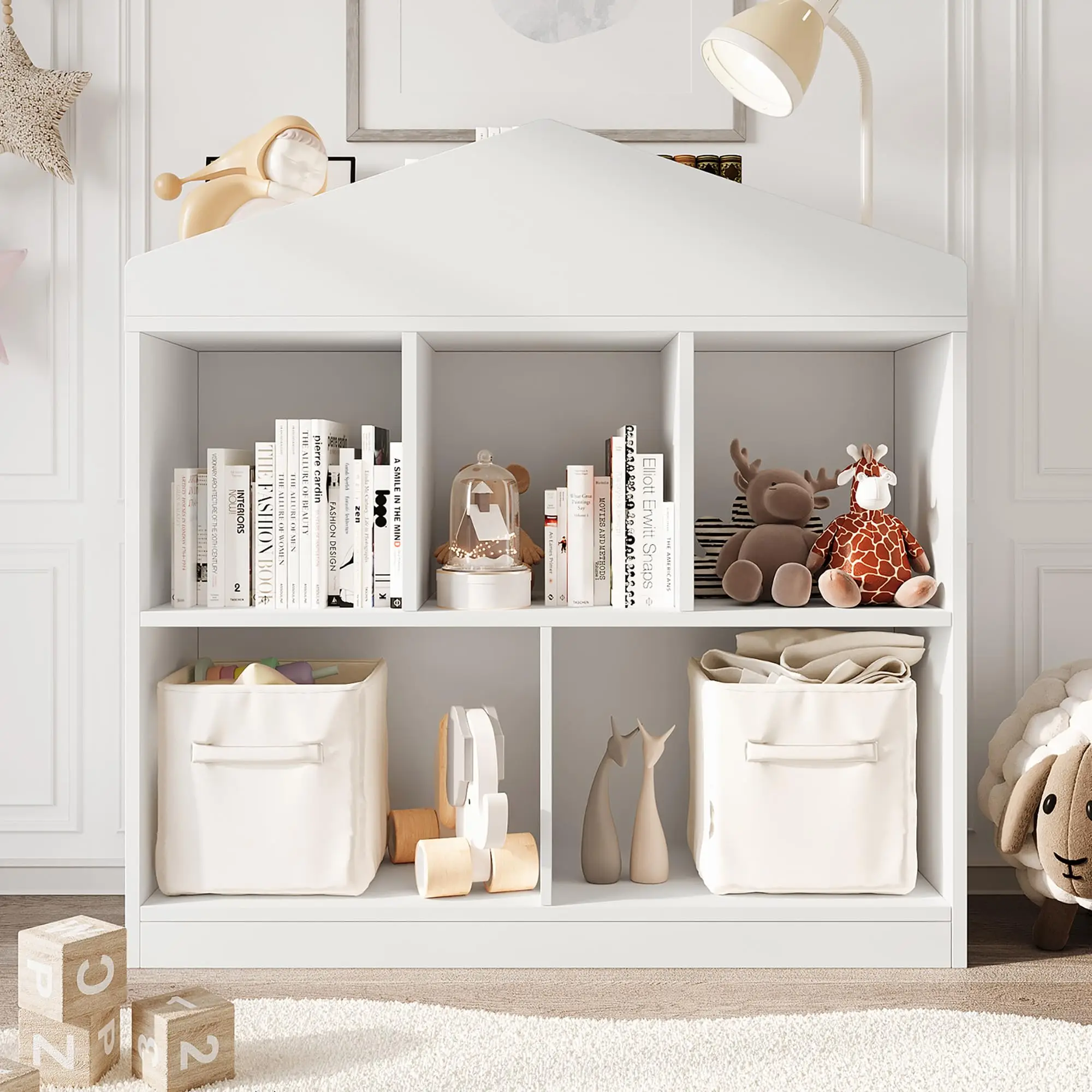 Toy Storage Organizer 5-Cubby Kids Bookshelf White Bookcase Toddlers Playhouse Cabinet Shelf for Boys Girls Wooden Cubby Storage