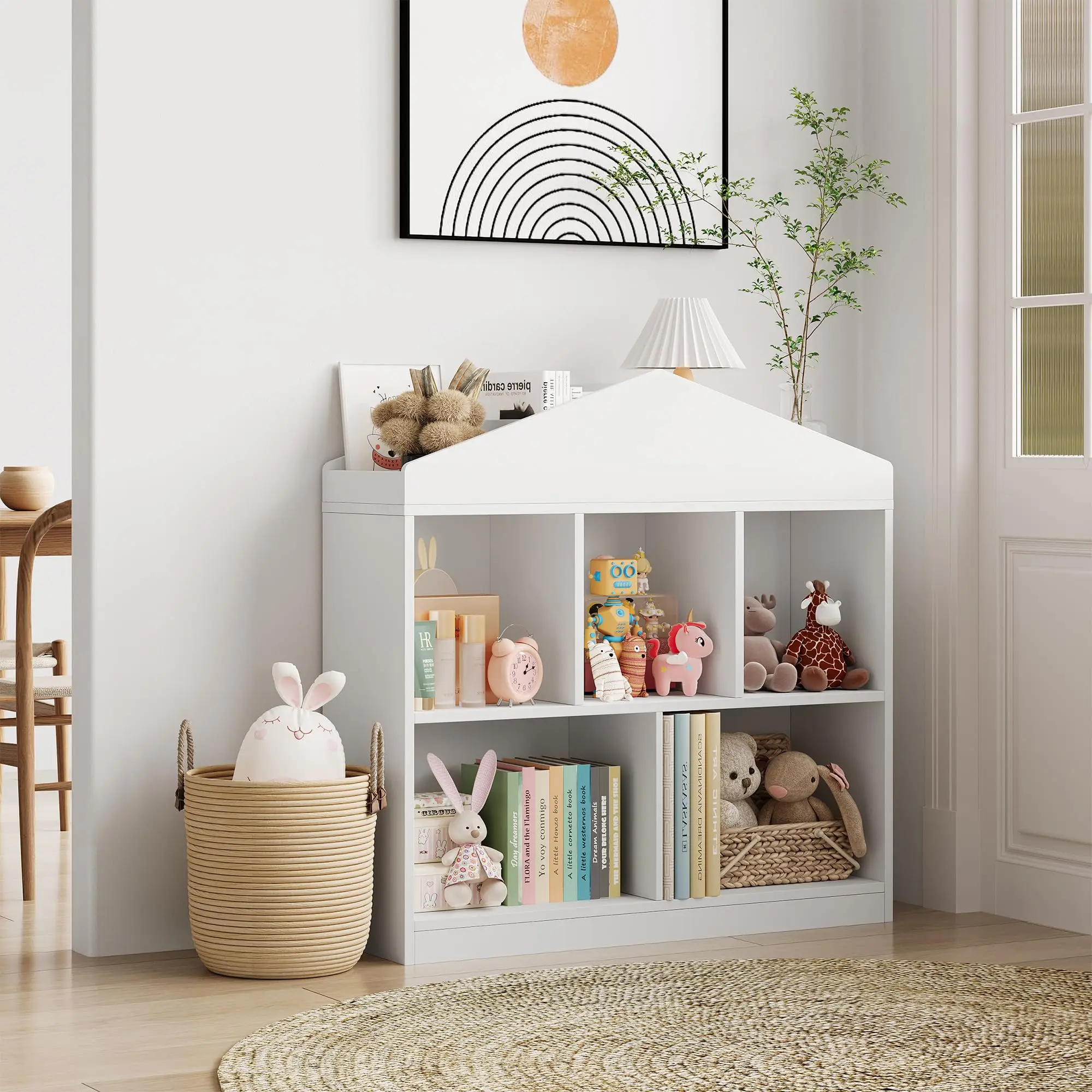 Toy Storage Organizer 5-Cubby Kids Bookshelf White Bookcase Toddlers Playhouse Cabinet Shelf for Boys Girls Wooden Cubby Storage