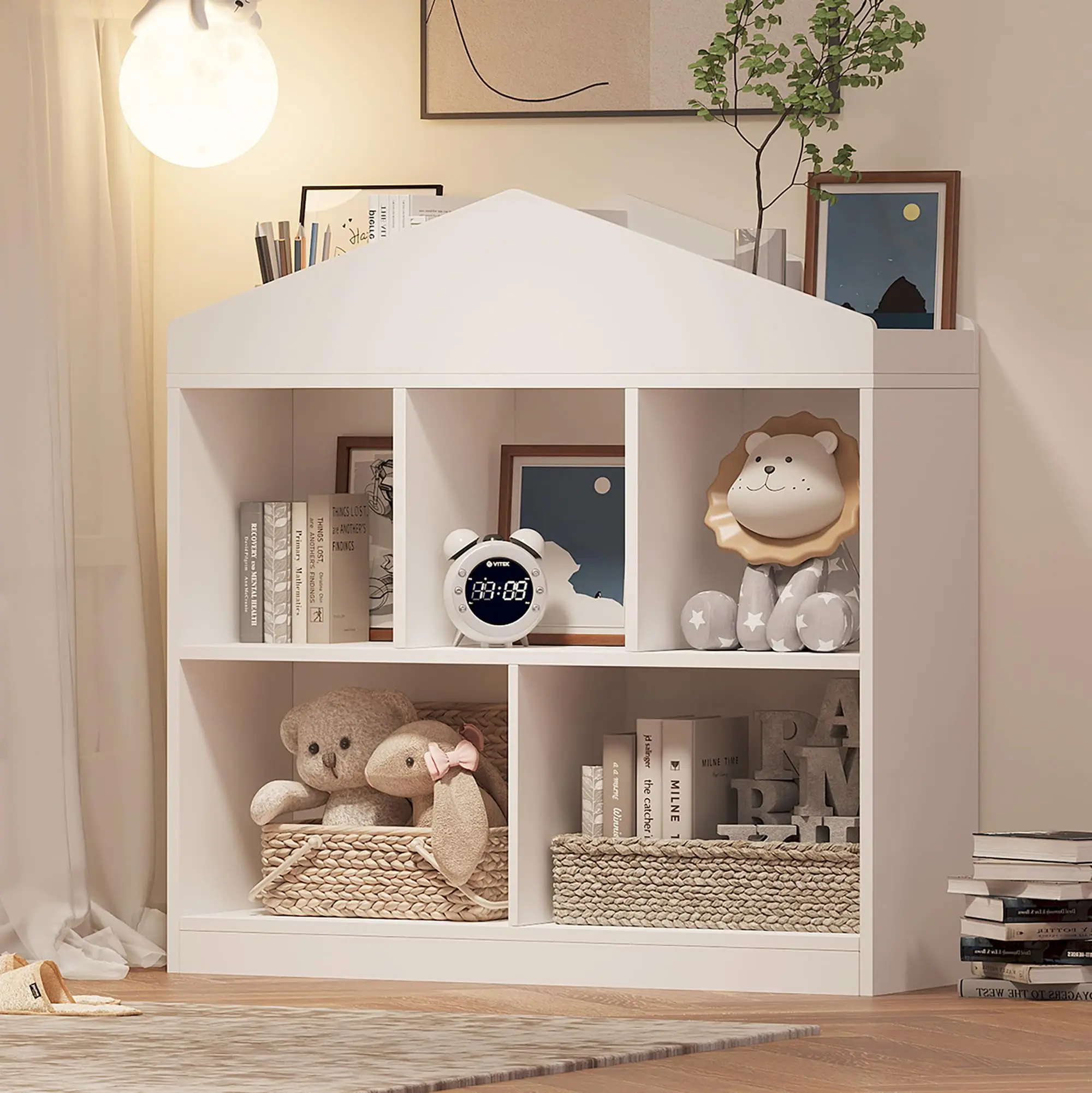 Toy Storage Organizer 5-Cubby Kids Bookshelf White Bookcase Toddlers Playhouse Cabinet Shelf for Boys Girls Wooden Cubby Storage