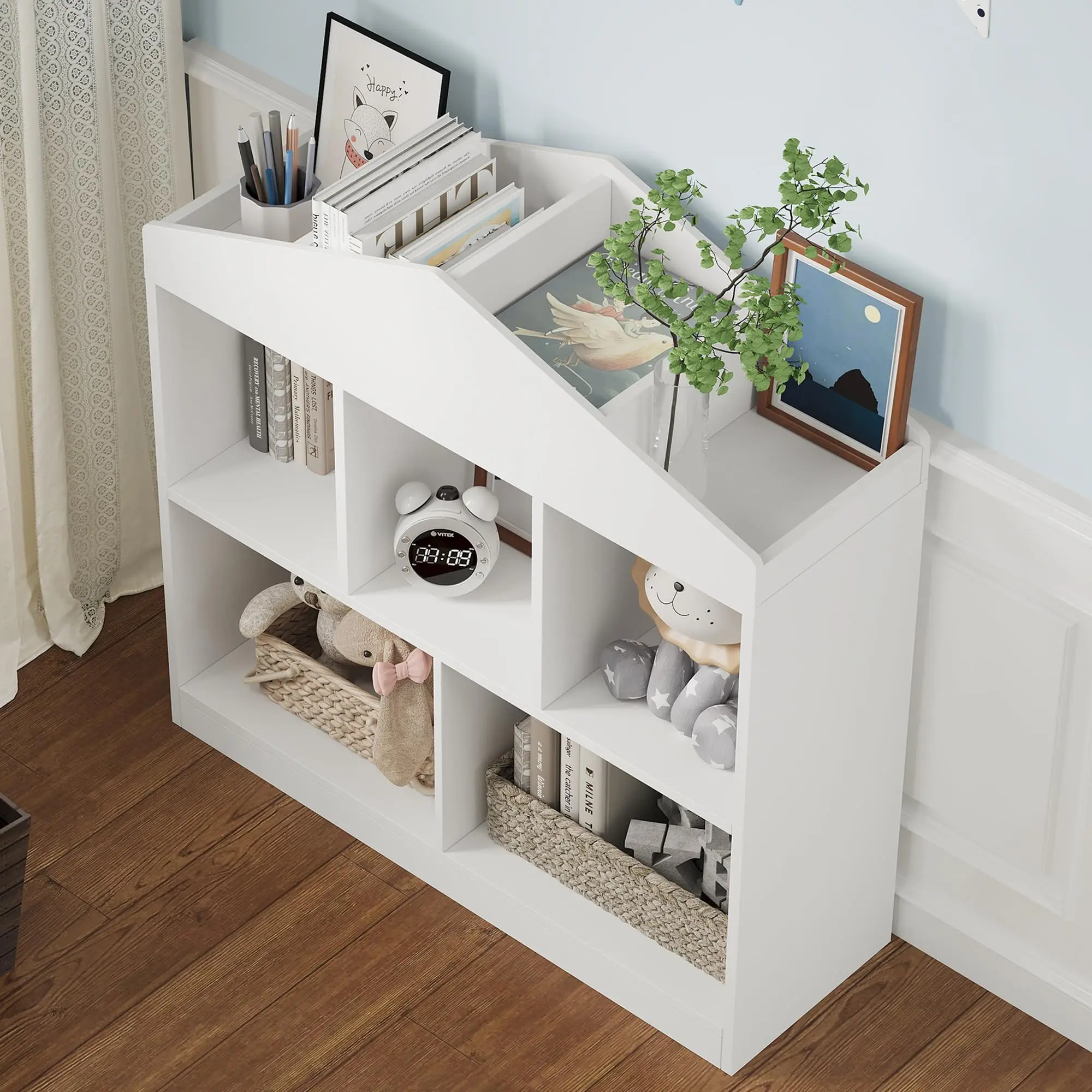 Toy Storage Organizer 5-Cubby Kids Bookshelf White Bookcase Toddlers Playhouse Cabinet Shelf for Boys Girls Wooden Cubby Storage