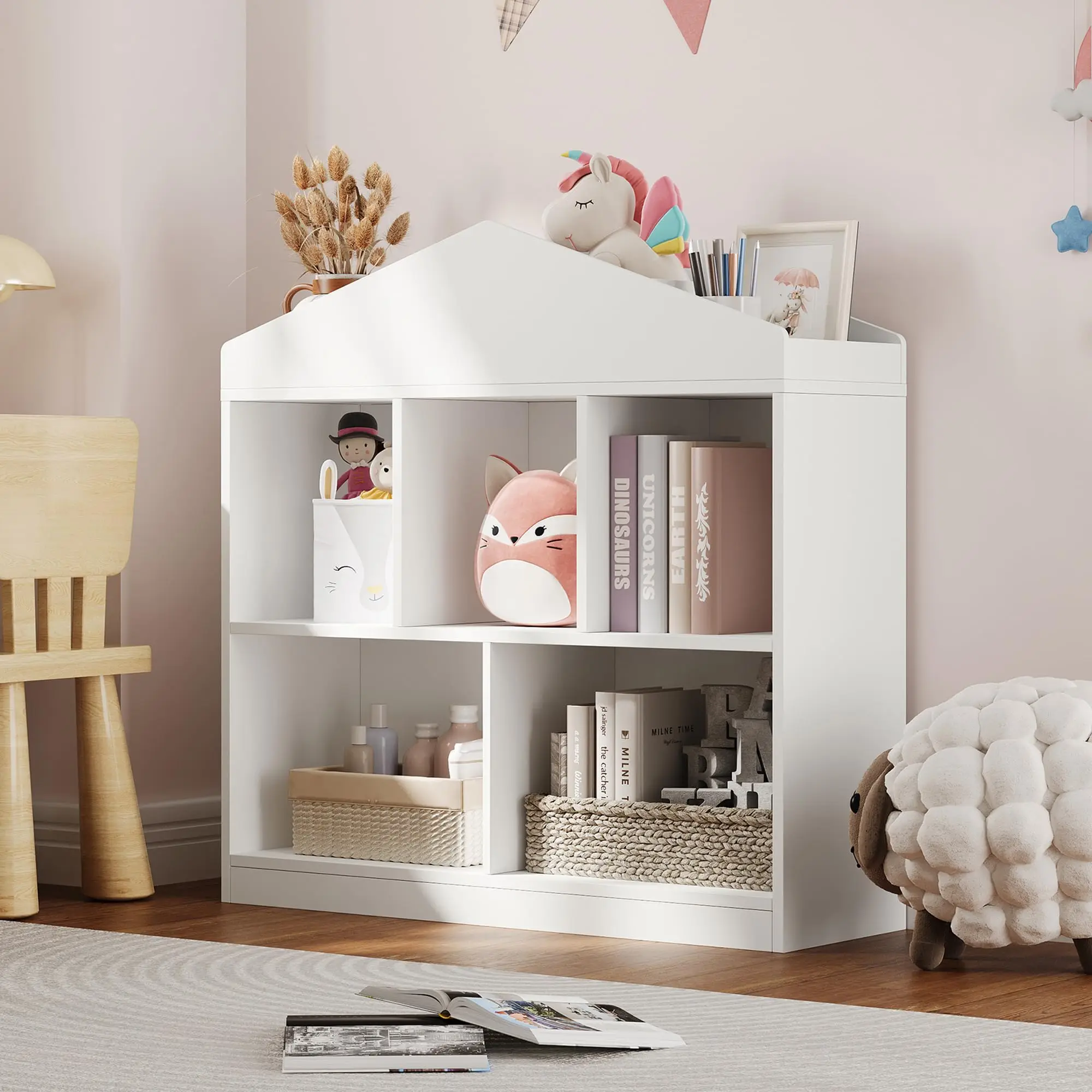 Toy Storage Organizer 5-Cubby Kids Bookshelf White Bookcase Toddlers Playhouse Cabinet Shelf for Boys Girls Wooden Cubby Storage