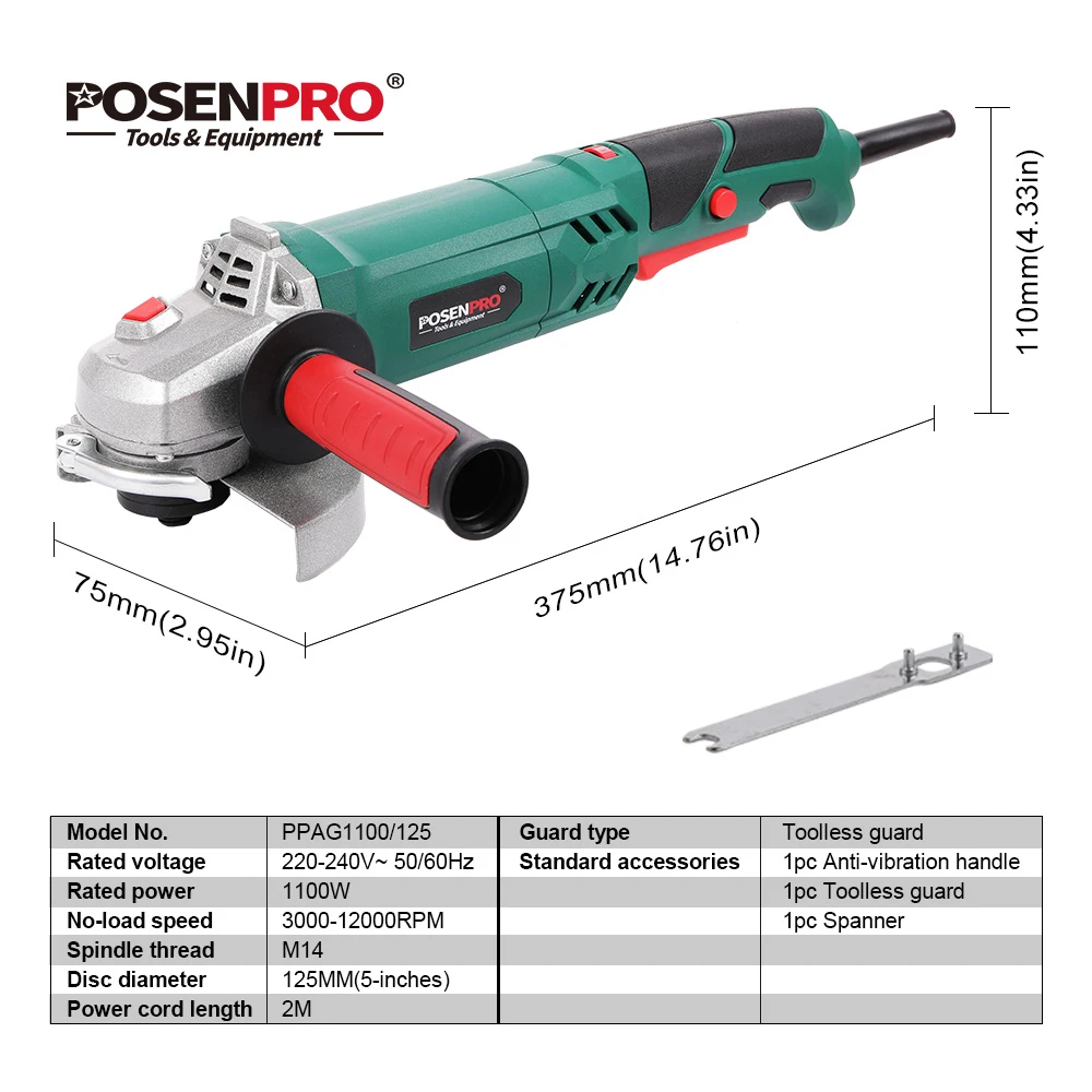 1100W 125mm Electric Angle Grinder 6 Speed Control Variable Speed Toolless Guard Cutting Grinding Metal Stone Power Tools