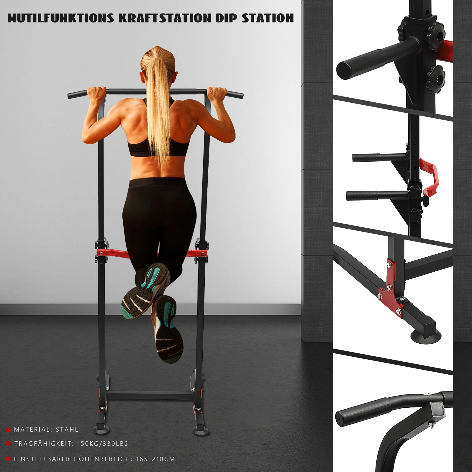 Multifunctional Dipstation Pull Up Power Station with Clamping Rod Training Dip Stands 150kg Load Capacity for Office/Gym