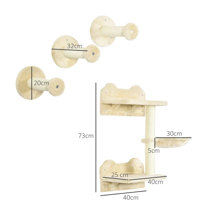 Climbing steps, climbing wall, cat stairs, 4-piece set, with scratching post, hammock, beige and cream white, 40 x 28 x 73 cm