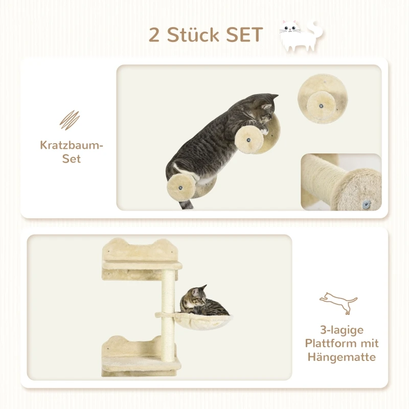 Climbing steps, climbing wall, cat stairs, 4-piece set, with scratching post, hammock, beige and cream white, 40 x 28 x 73 cm
