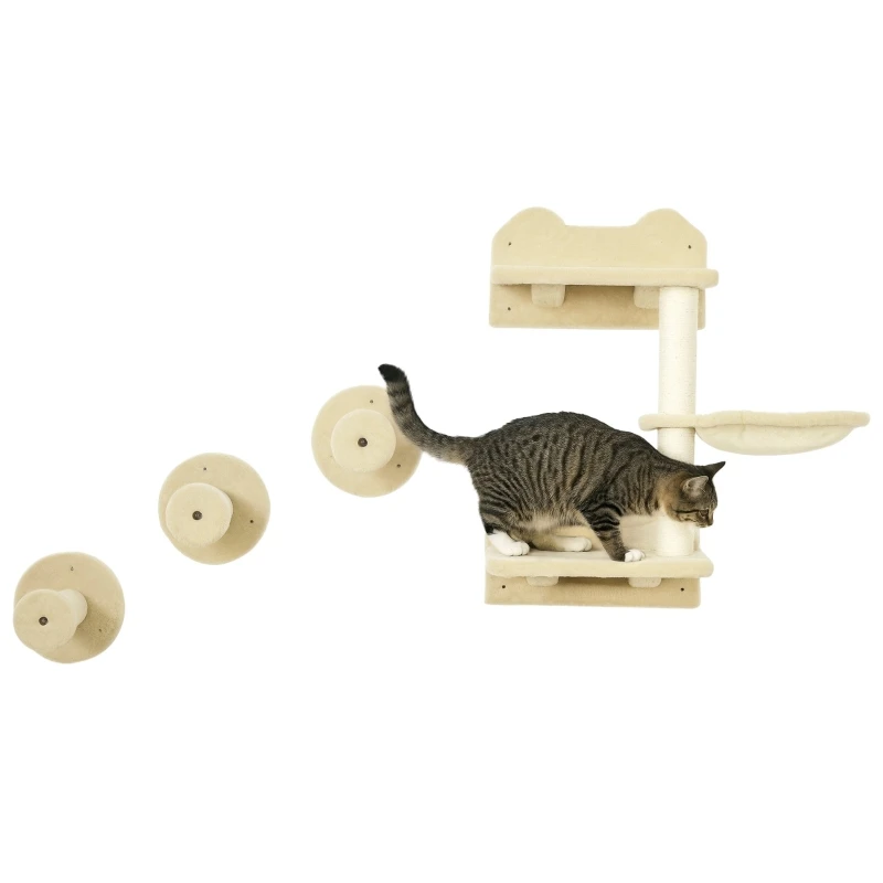 Climbing steps, climbing wall, cat stairs, 4-piece set, with scratching post, hammock, beige and cream white, 40 x 28 x 73 cm