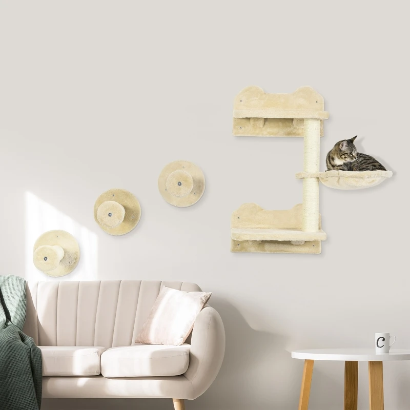Climbing steps, climbing wall, cat stairs, 4-piece set, with scratching post, hammock, beige and cream white, 40 x 28 x 73 cm