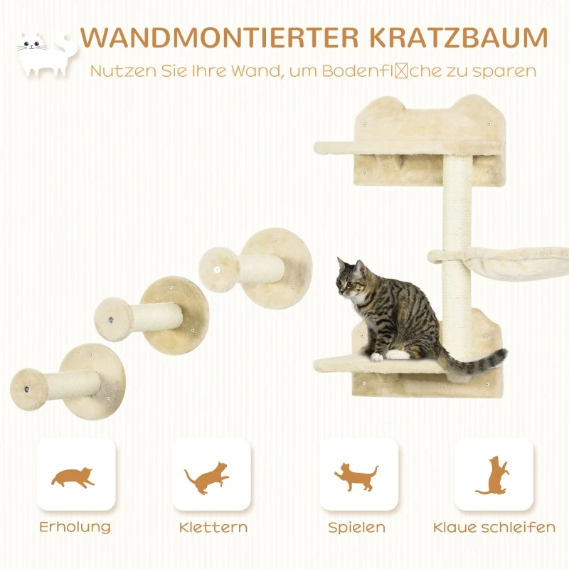 Climbing steps, climbing wall, cat stairs, 4-piece set, with scratching post, hammock, beige and cream white, 40 x 28 x 73 cm