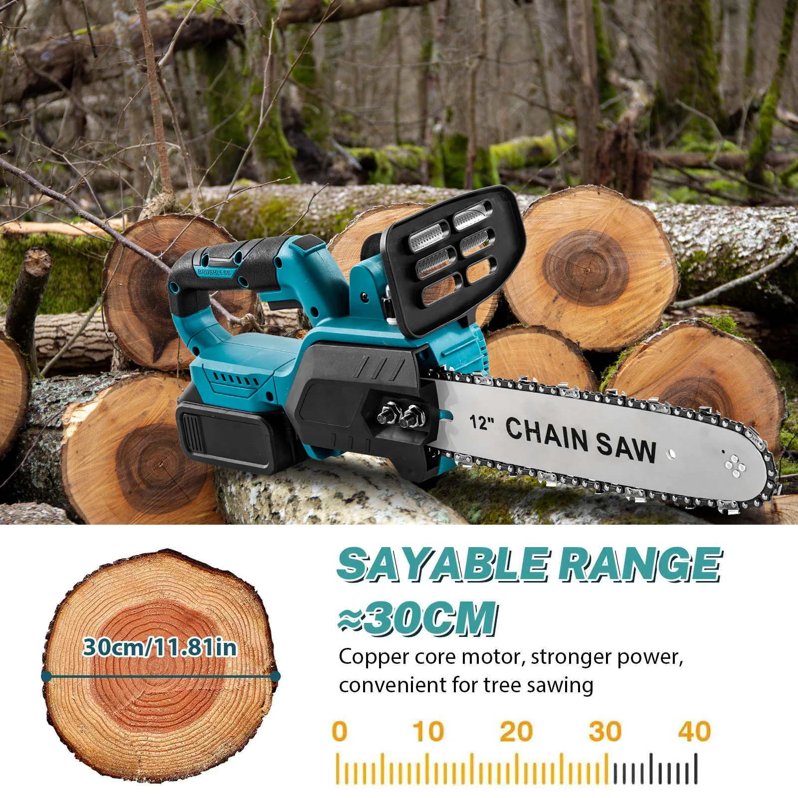 12-Inch Brushless Cordless Chainsaw, 0-8000RPM, Compatible with Makita 18V Battery,30cm Cutting Capacity for Wood & Tree Pruning