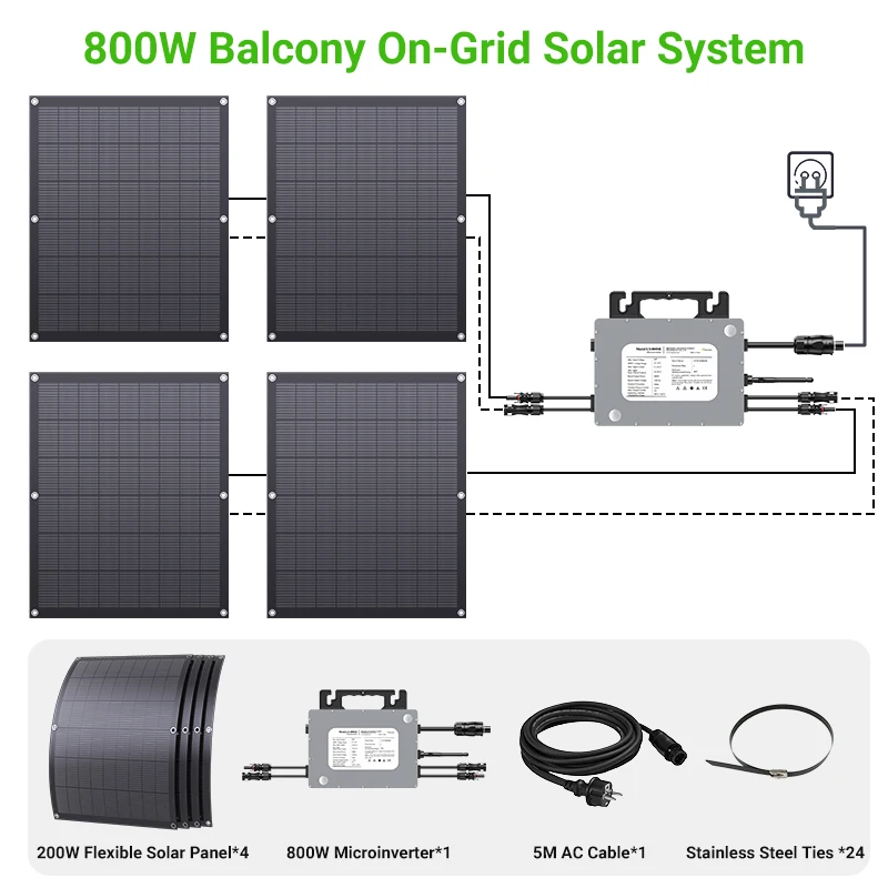 800W Balcony Solar System Kit with Micro Inverter, 4×200W Flexible Solar Panels, Plug & Play, WiFi APP Monitoring