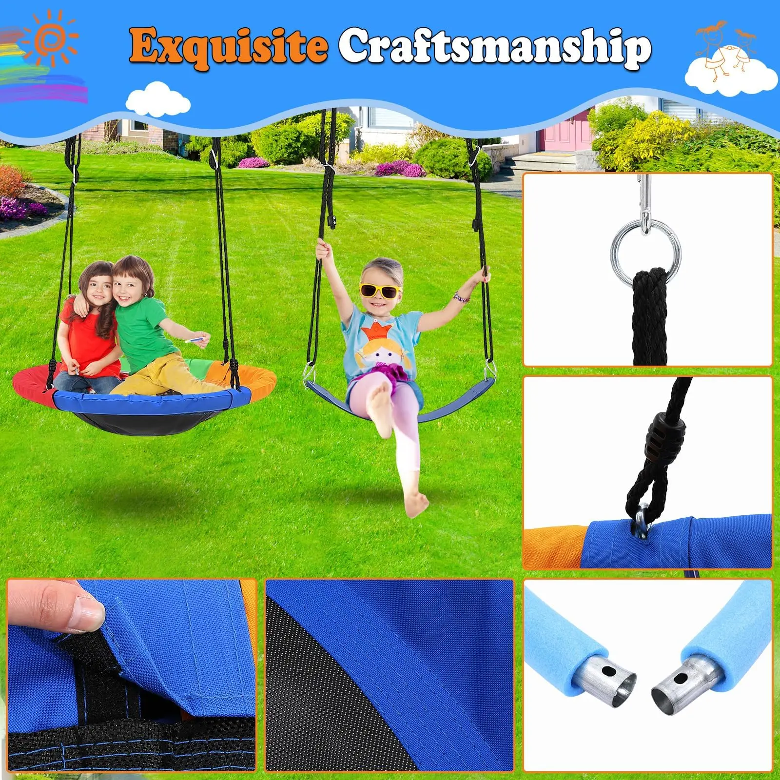 Sturdy Outdoor Swing Set For 2 Kids, Round Saucer Swing With Metal A-Frame Adjustable Ropes Max Load 200kg For Garden Playground