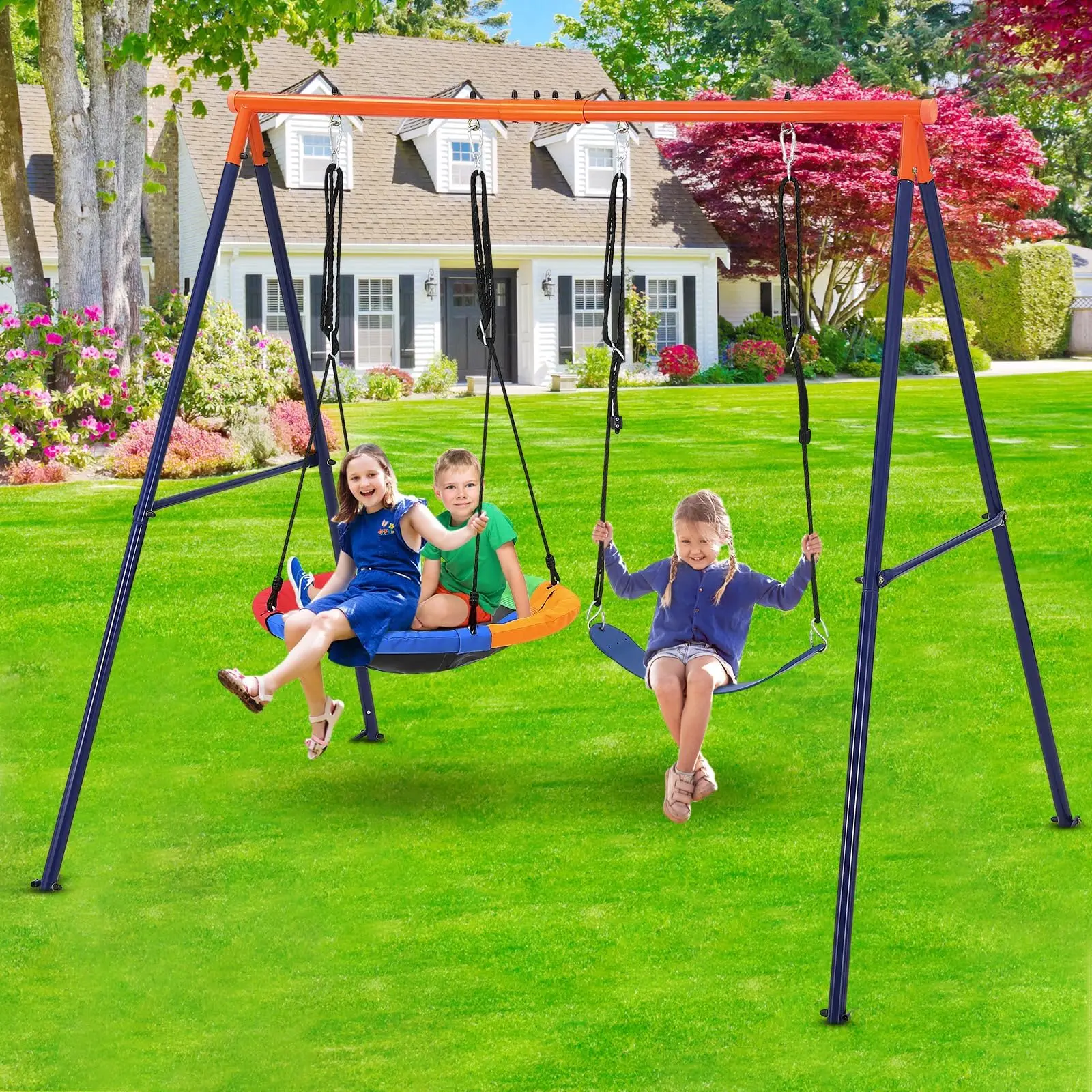 Sturdy Outdoor Swing Set For 2 Kids, Round Saucer Swing With Metal A-Frame Adjustable Ropes Max Load 200kg For Garden Playground