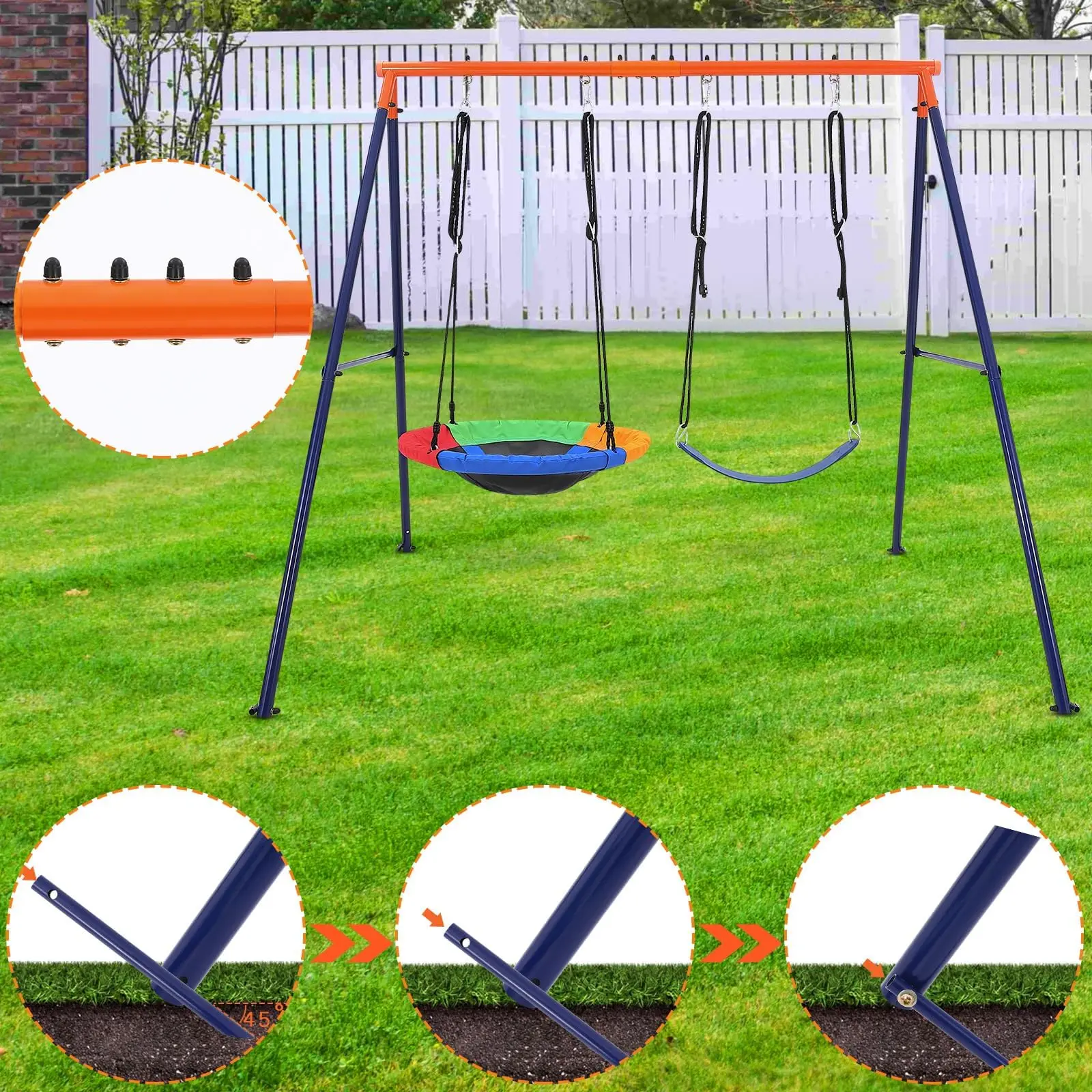 Sturdy Outdoor Swing Set For 2 Kids, Round Saucer Swing With Metal A-Frame Adjustable Ropes Max Load 200kg For Garden Playground