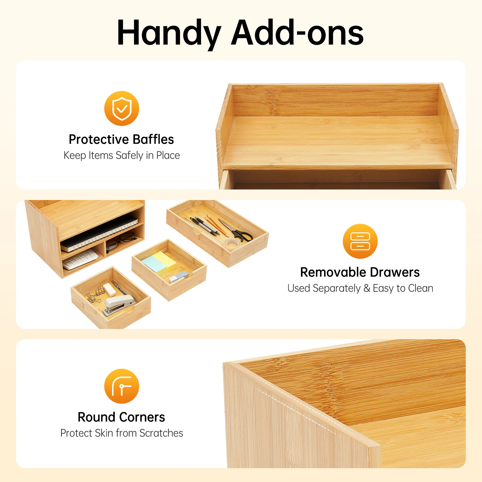 Natural Bamboo Desk Organizer,3 Drawers Pre-Assembled Storage Box with Top Baffles for Office Cosmetics Stationery Organization