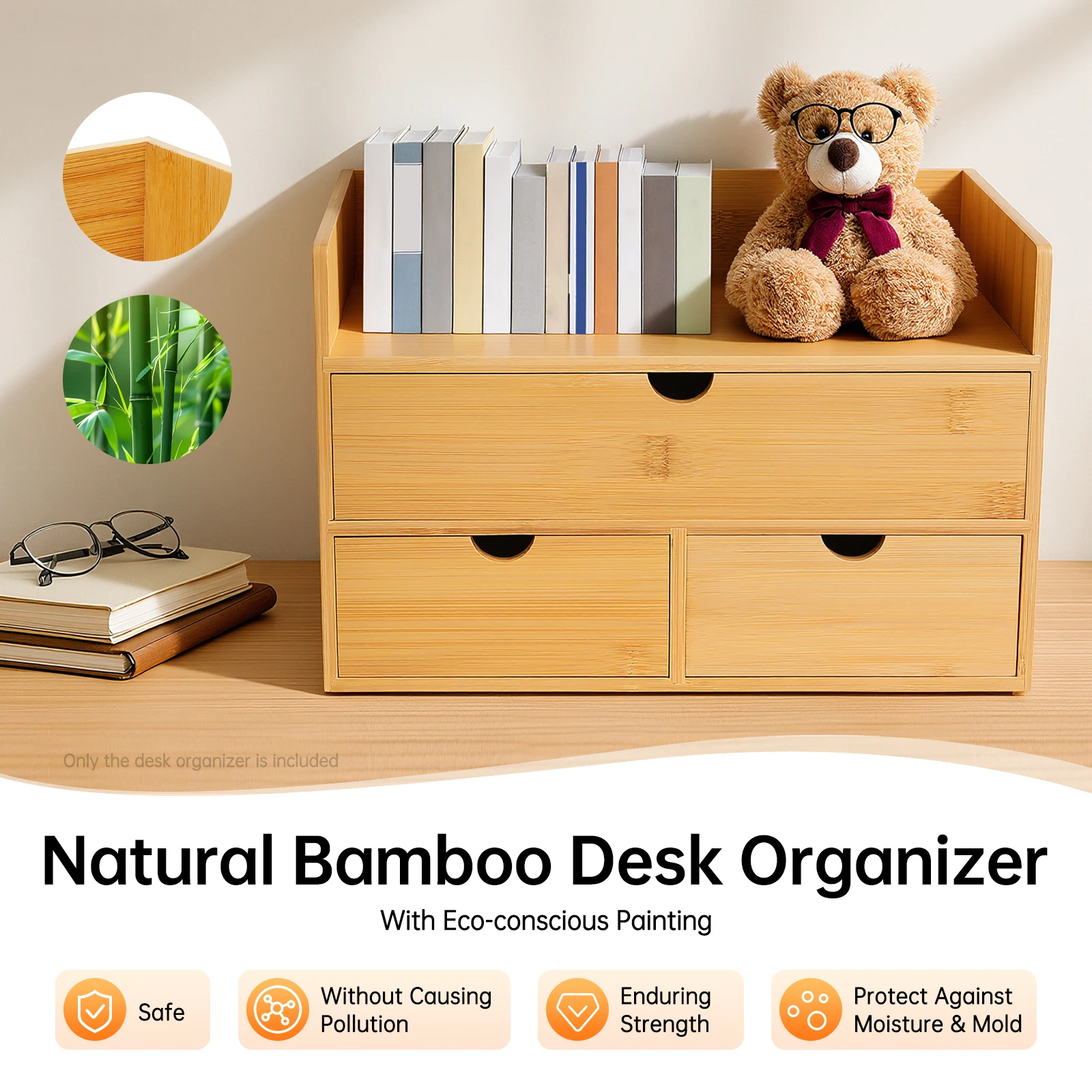 Natural Bamboo Desk Organizer,3 Drawers Pre-Assembled Storage Box with Top Baffles for Office Cosmetics Stationery Organization