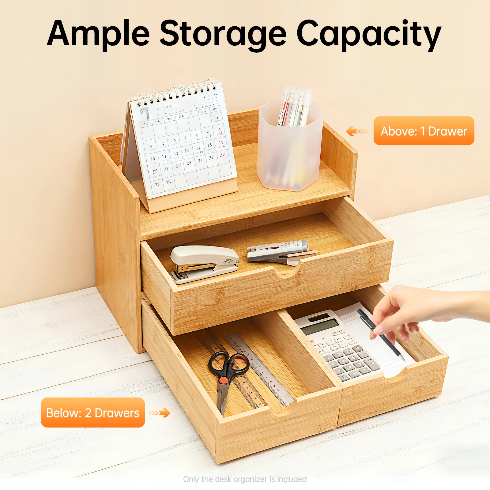 Natural Bamboo Desk Organizer,3 Drawers Pre-Assembled Storage Box with Top Baffles for Office Cosmetics Stationery Organization