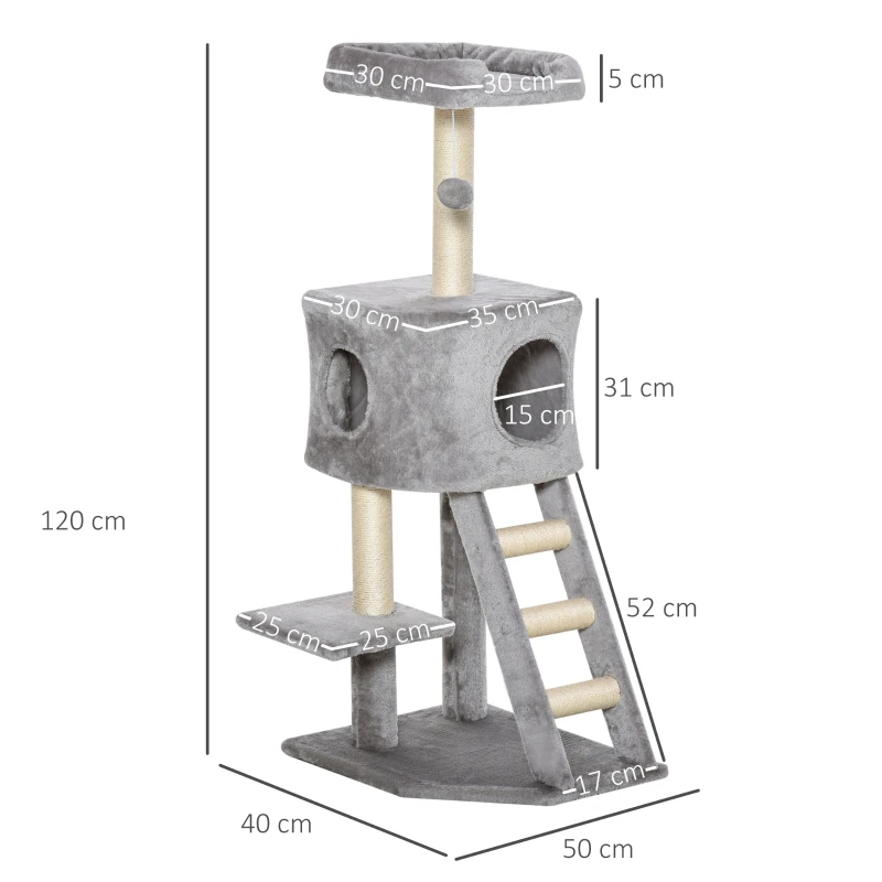 120 cm Cat Tree with Cave, Play Ball, Sisal Posts, Platform, Stairs, Multi-Level Cat Tree, Climbing Tree for Cats,Light Grey