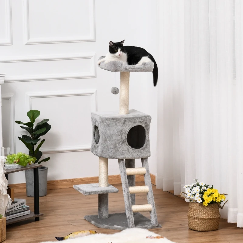 120 cm Cat Tree with Cave, Play Ball, Sisal Posts, Platform, Stairs, Multi-Level Cat Tree, Climbing Tree for Cats,Light Grey