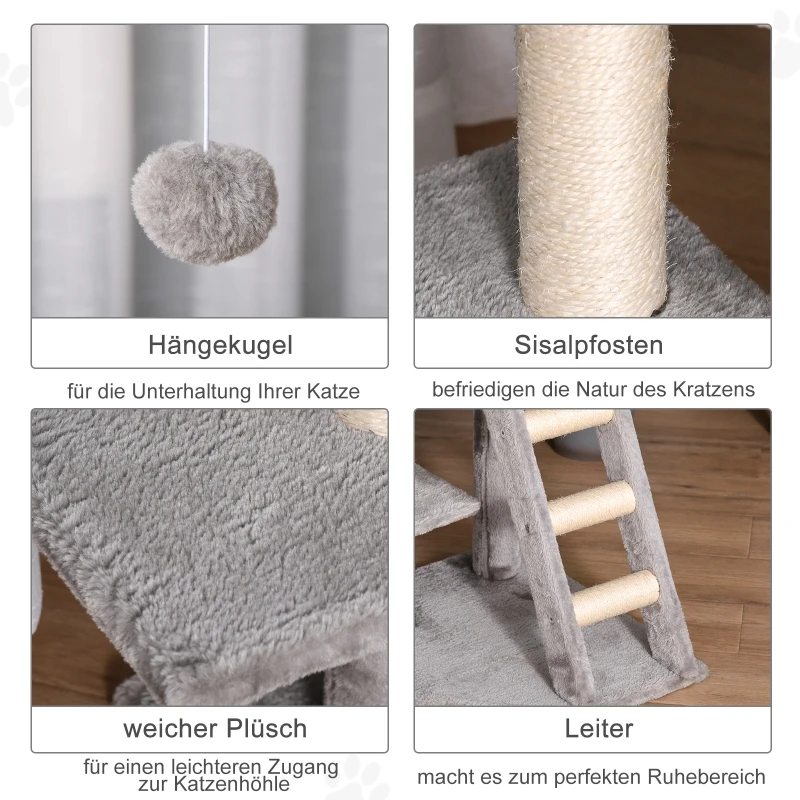 120 cm Cat Tree with Cave, Play Ball, Sisal Posts, Platform, Stairs, Multi-Level Cat Tree, Climbing Tree for Cats,Light Grey