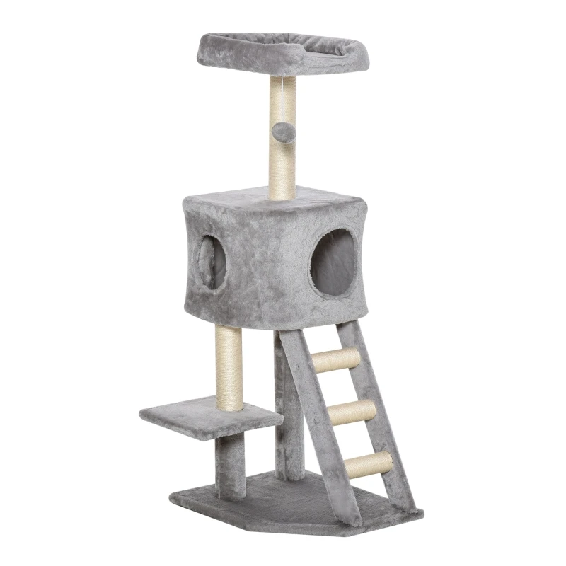 120 cm Cat Tree with Cave, Play Ball, Sisal Posts, Platform, Stairs, Multi-Level Cat Tree, Climbing Tree for Cats,Light Grey