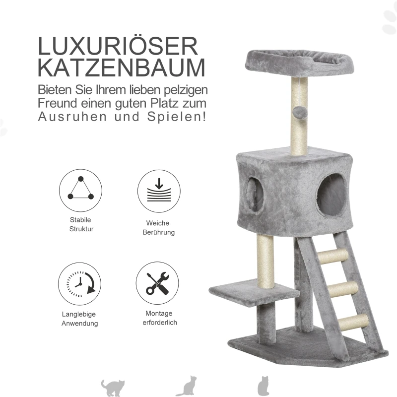120 cm Cat Tree with Cave, Play Ball, Sisal Posts, Platform, Stairs, Multi-Level Cat Tree, Climbing Tree for Cats,Light Grey