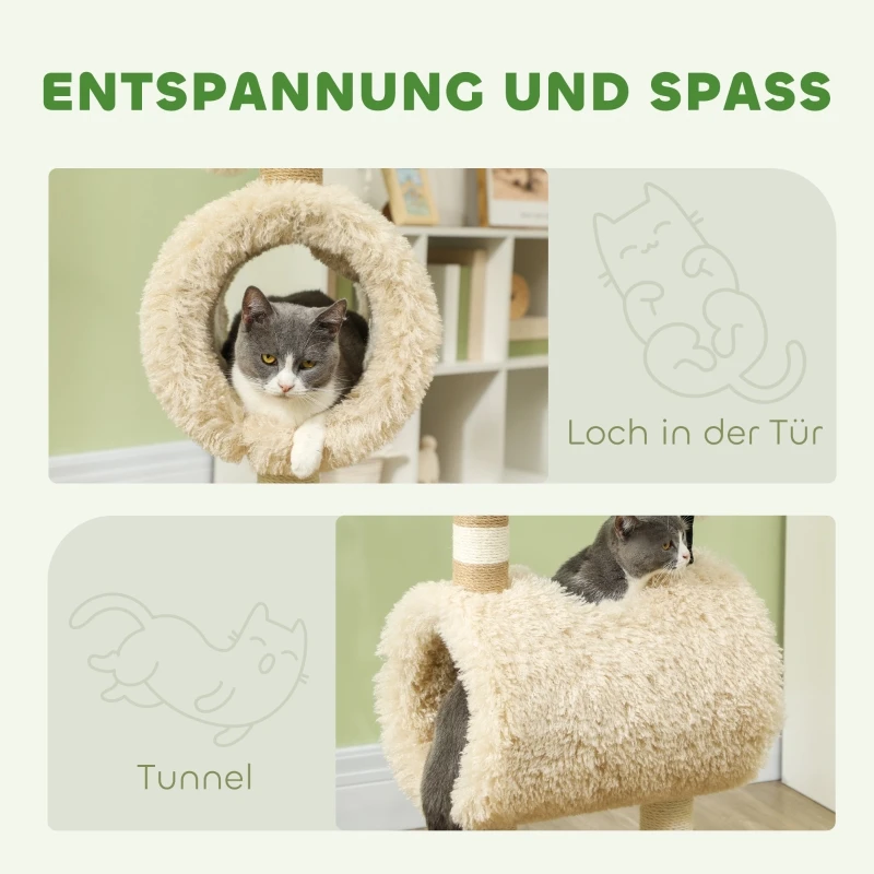 Sheep-shaped cat tree with scratching posts, tunnel and toys, 98 cm, light brown. On-site