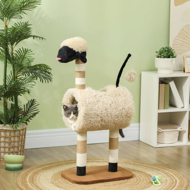 Sheep-shaped cat tree with scratching posts, tunnel and toys, 98 cm, light brown. On-site