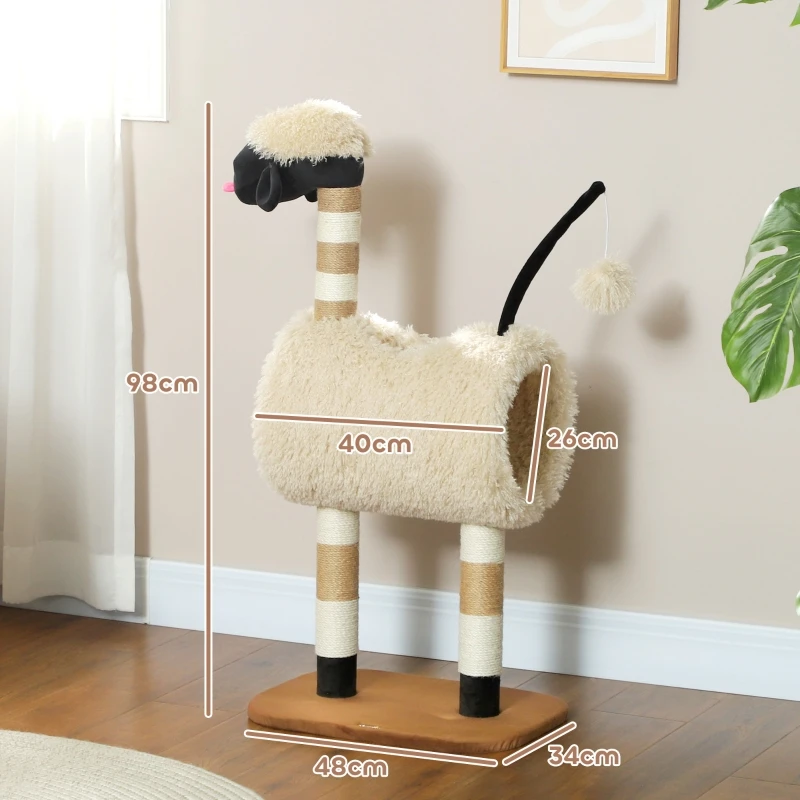 Sheep-shaped cat tree with scratching posts, tunnel and toys, 98 cm, light brown. On-site