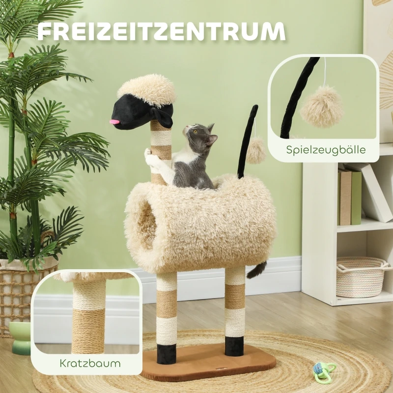 Sheep-shaped cat tree with scratching posts, tunnel and toys, 98 cm, light brown. On-site