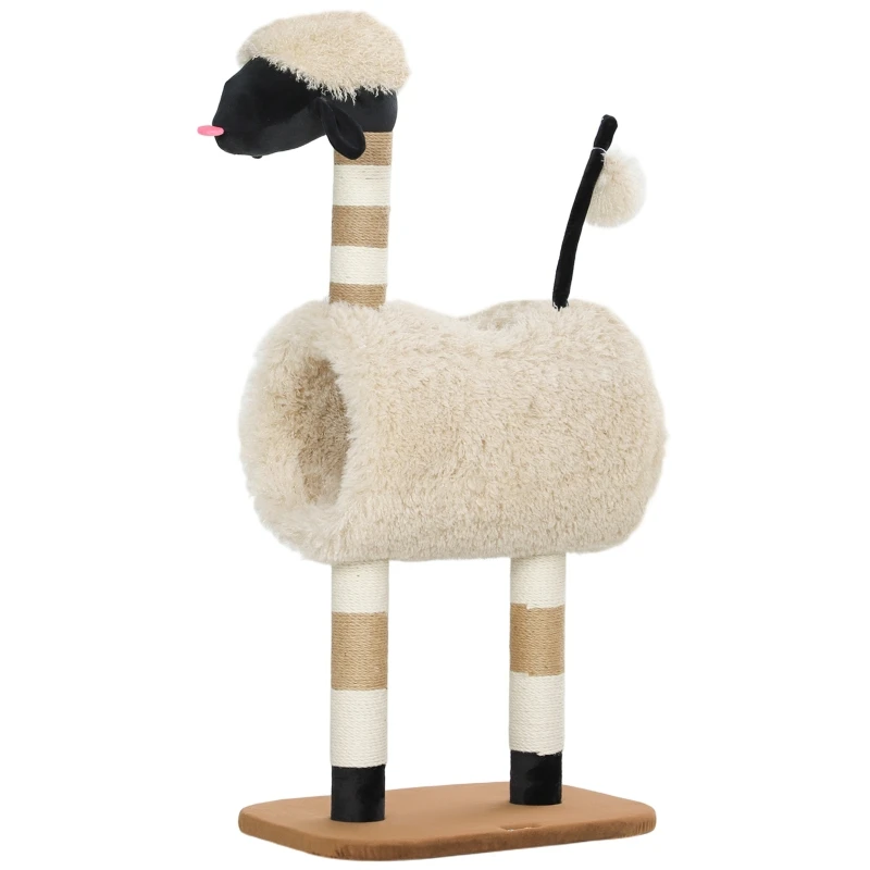 Sheep-shaped cat tree with scratching posts, tunnel and toys, 98 cm, light brown. On-site