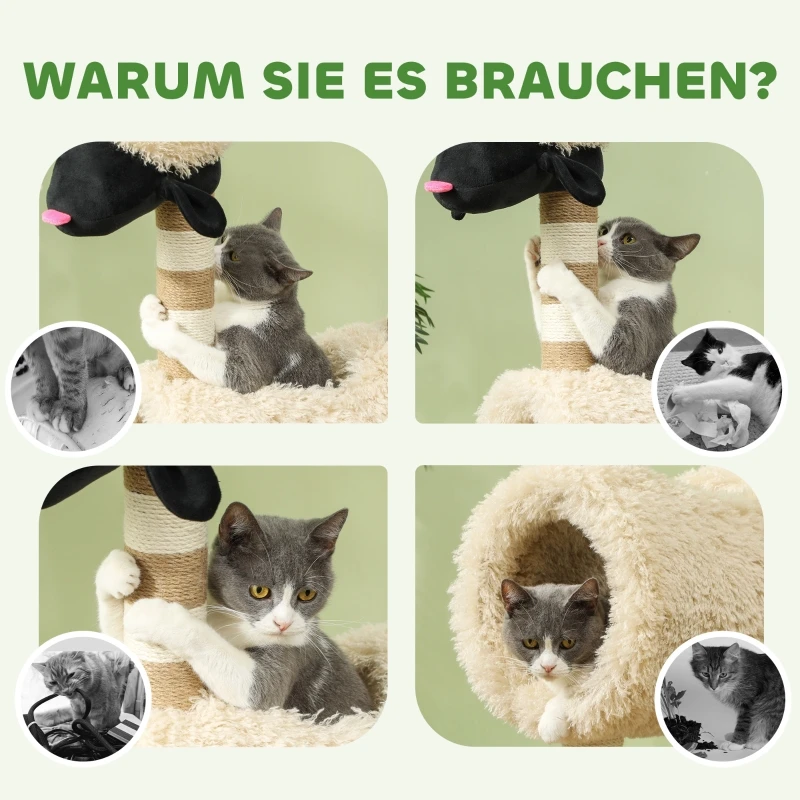 Sheep-shaped cat tree with scratching posts, tunnel and toys, 98 cm, light brown. On-site