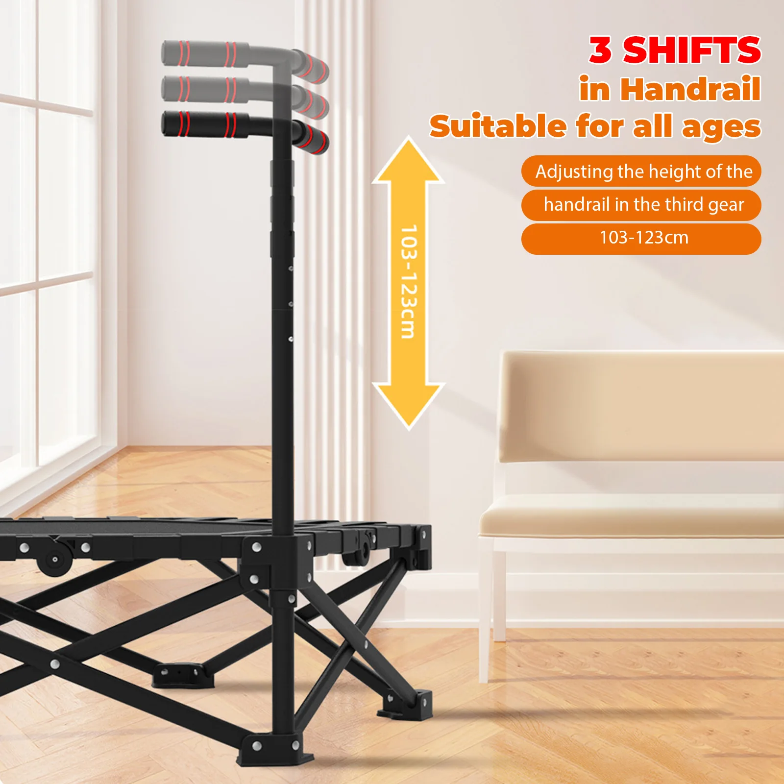 Heavy-Duty 106cm Indoor Fitness Trampoline for Adults/Kids, 150kg Capacity with Adjustable Handle & Safety Pad, Quiet Rubber
